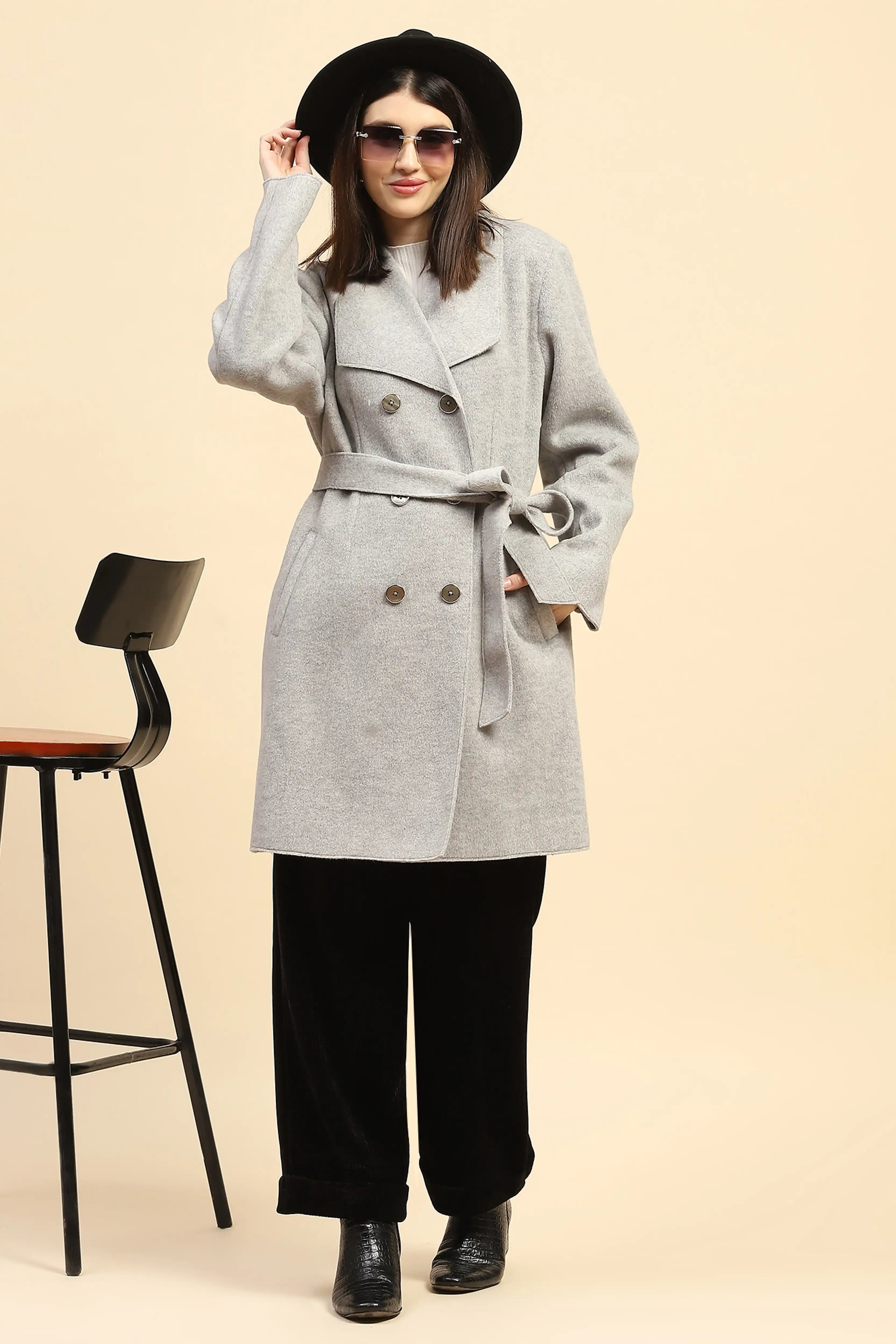 Grey Solid Viscose Long Coat