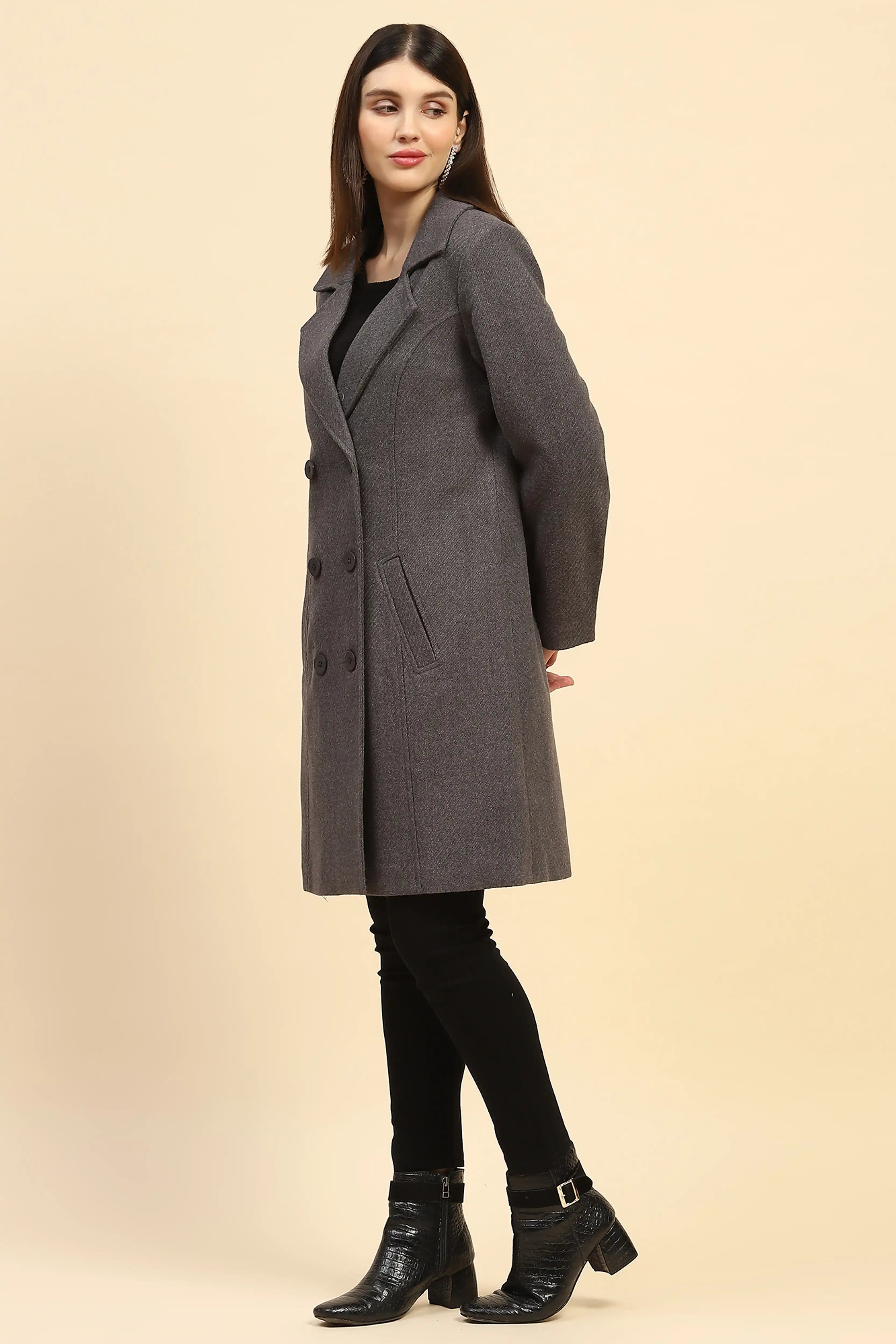 Grey Solid Long Coat