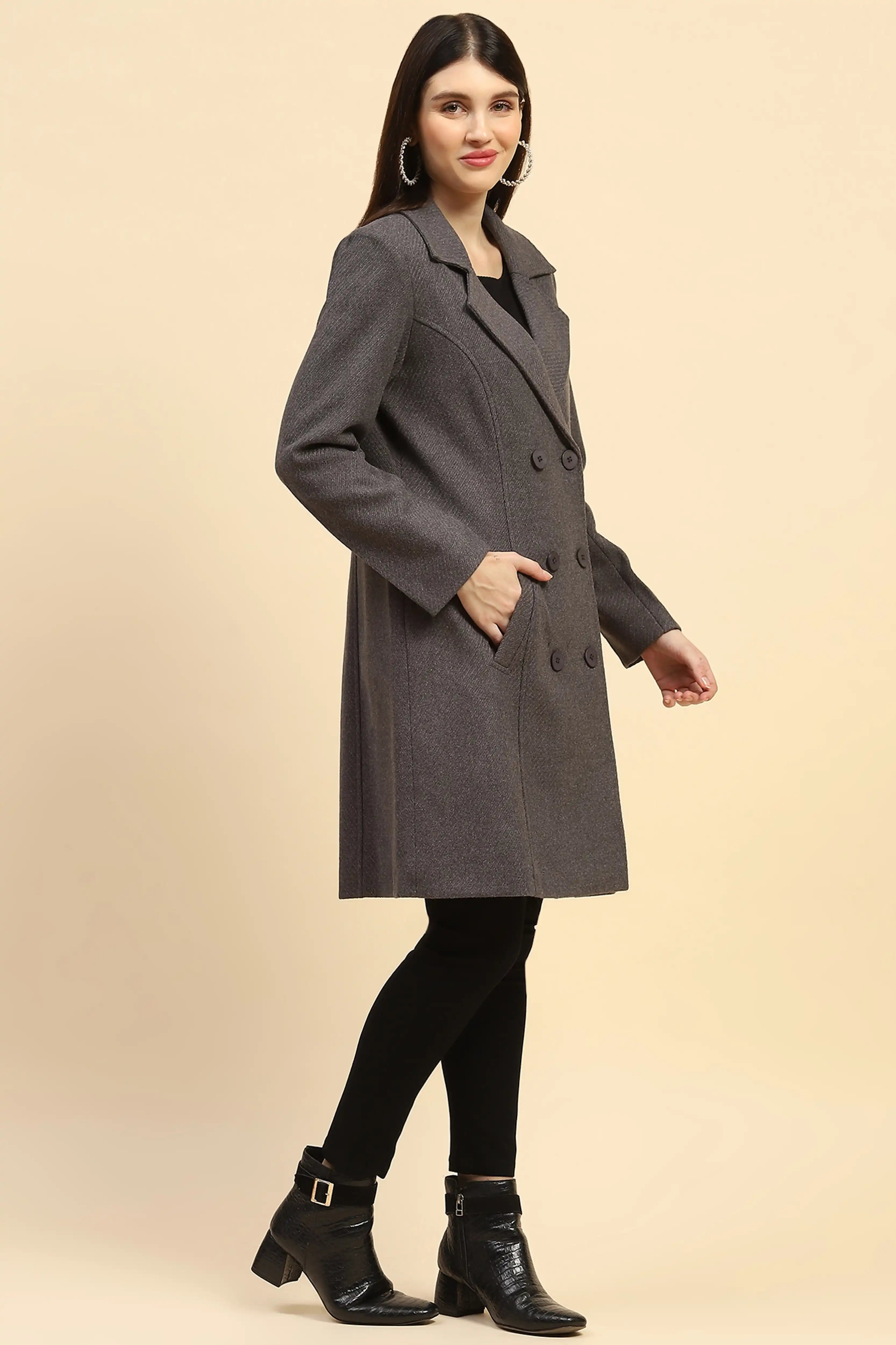 Grey Solid Long Coat