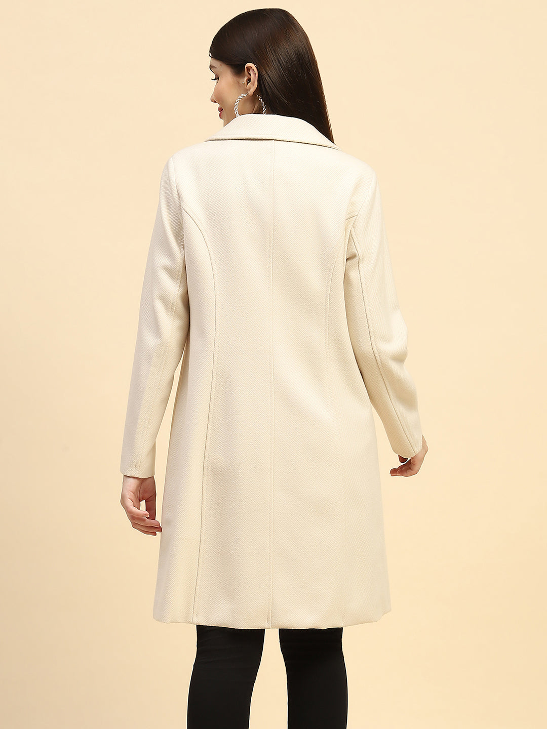 Cream Solid Long Coat L - Main Image