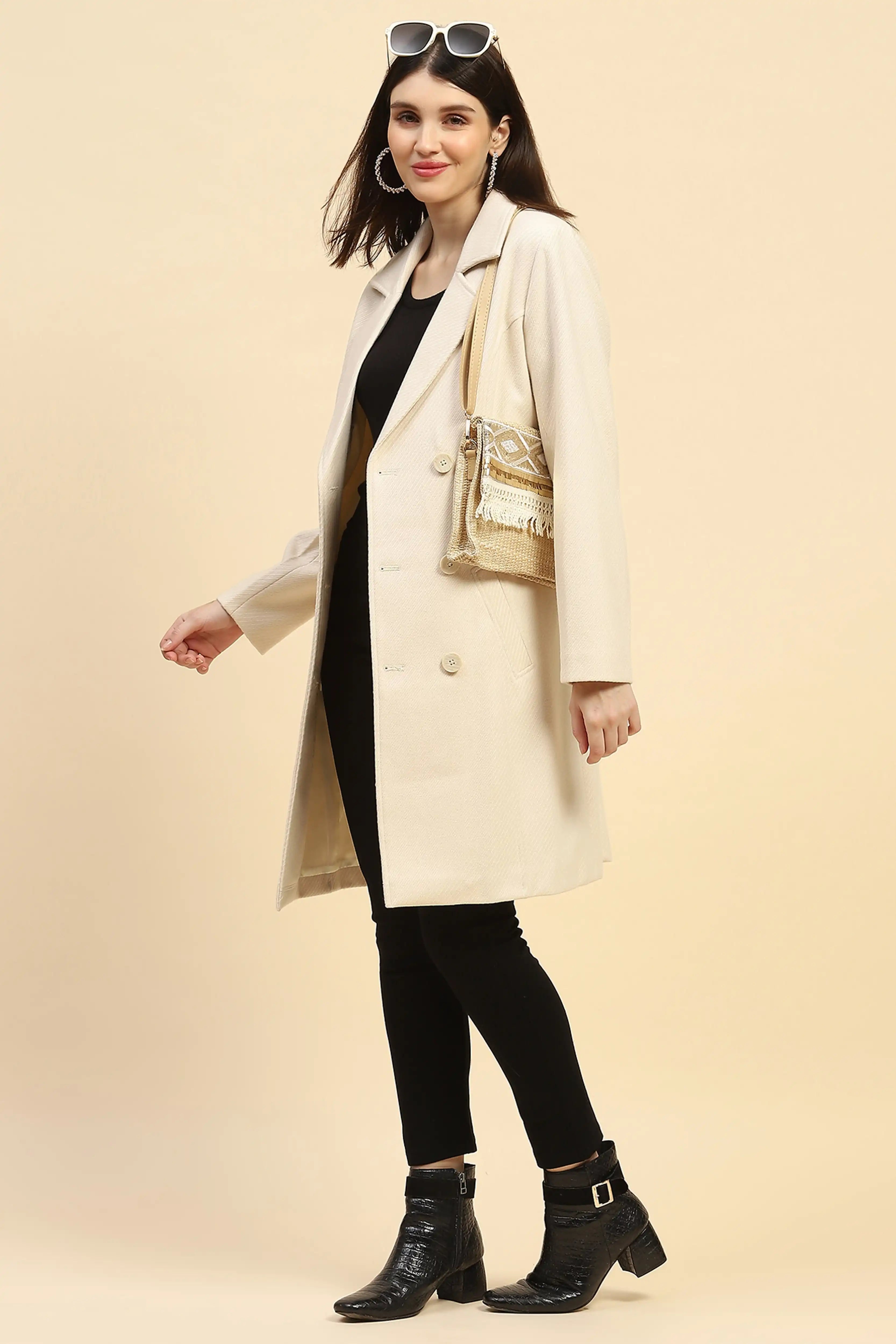 Cream Solid Long Coat