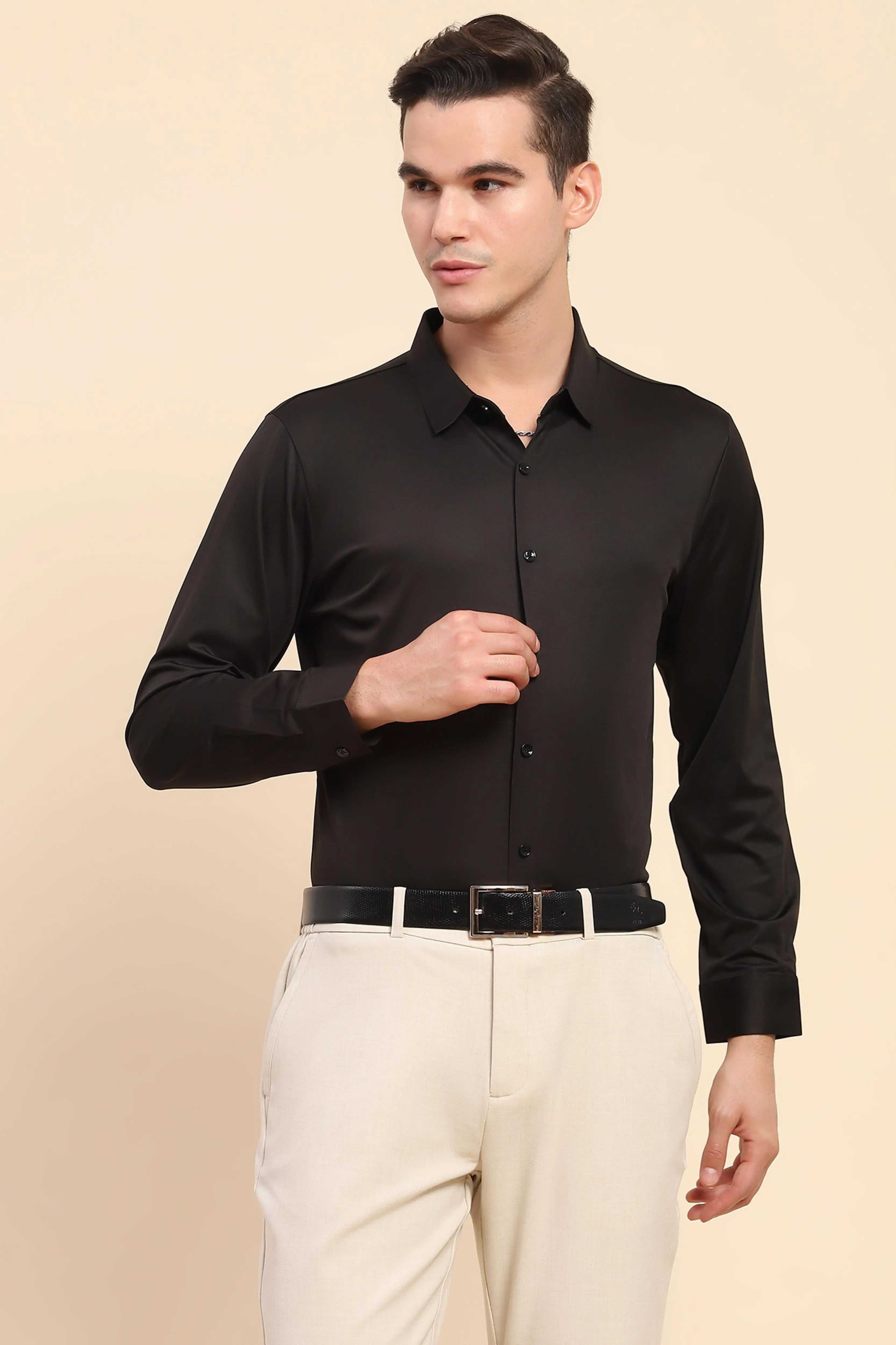 Black Nylon Blend Solid Formal Shirt - Global Republic