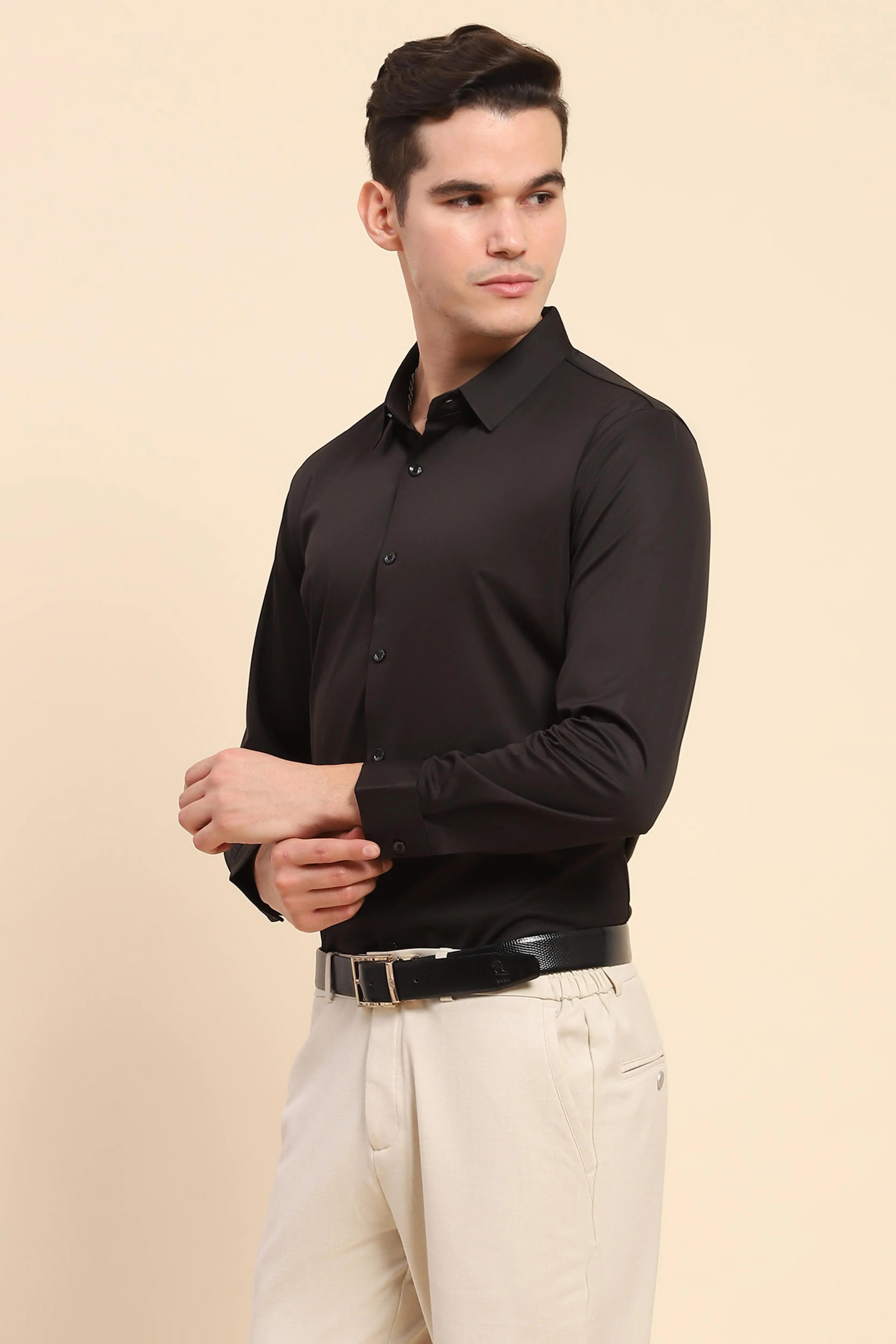 Black Nylon Blend Solid Formal Shirt - Global Republic