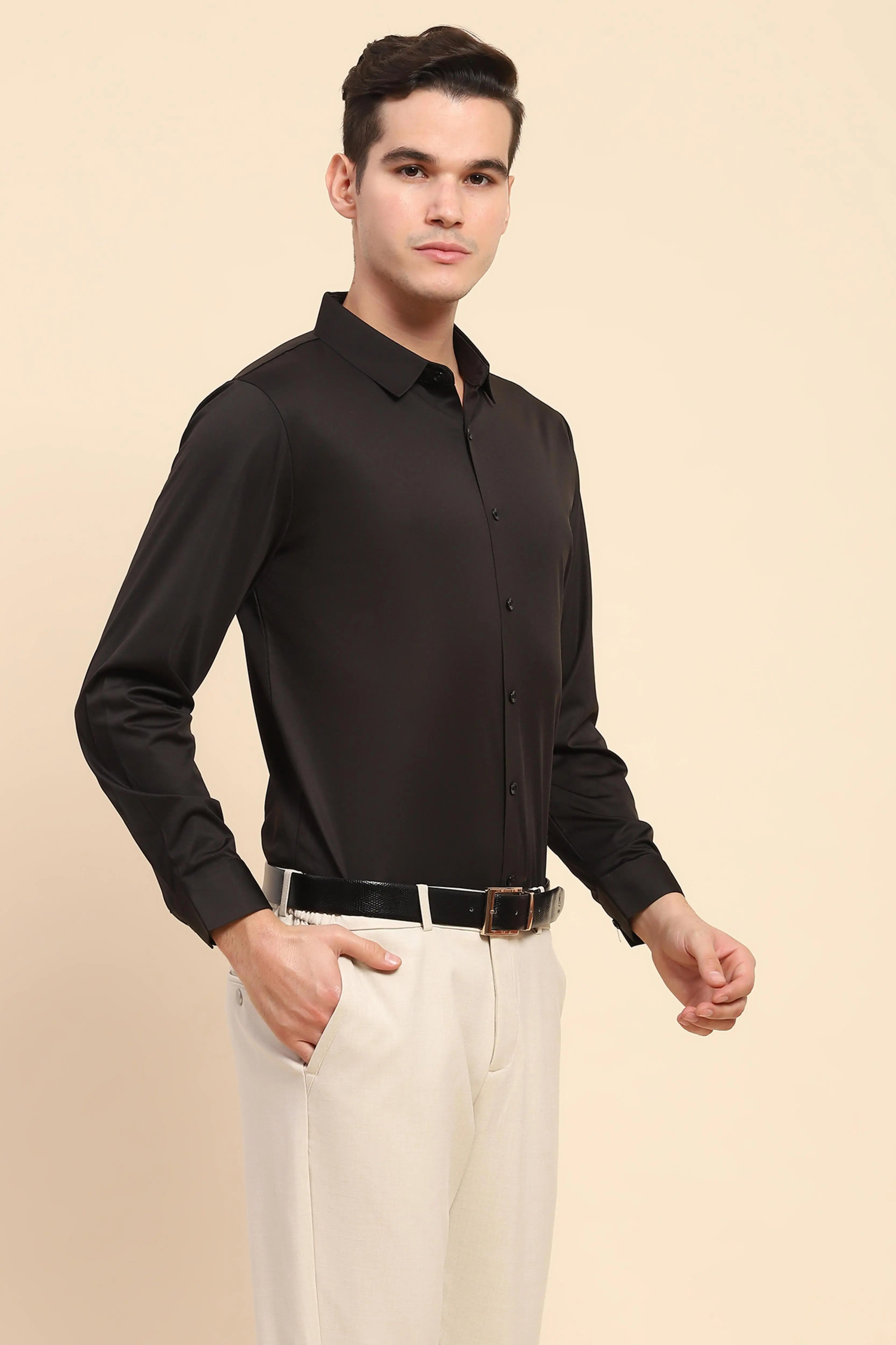 Black Nylon Blend Solid Formal Shirt - Global Republic