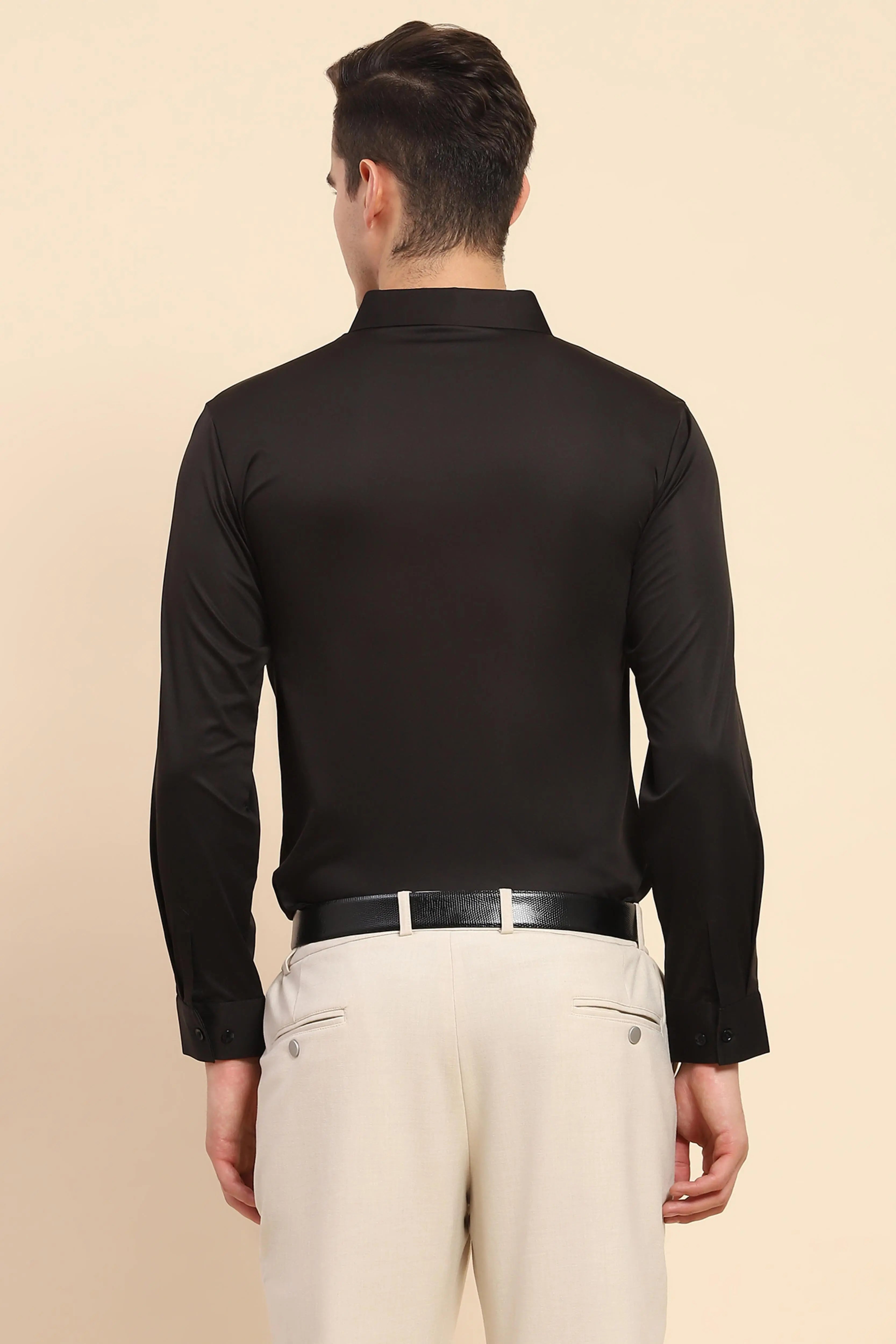 Black Nylon Blend Solid Formal Shirt - Global Republic