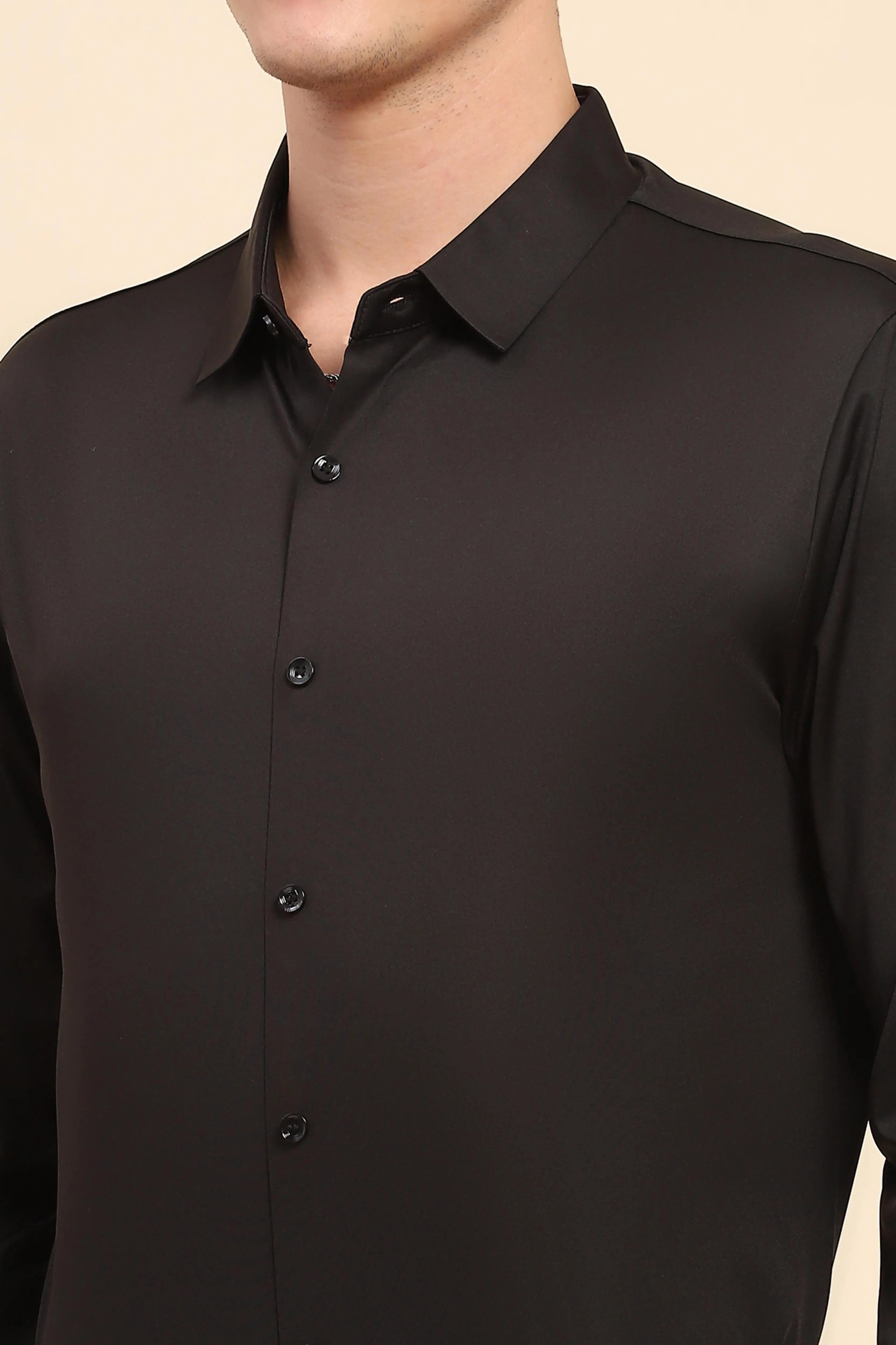 Black Nylon Blend Solid Formal Shirt - Global Republic