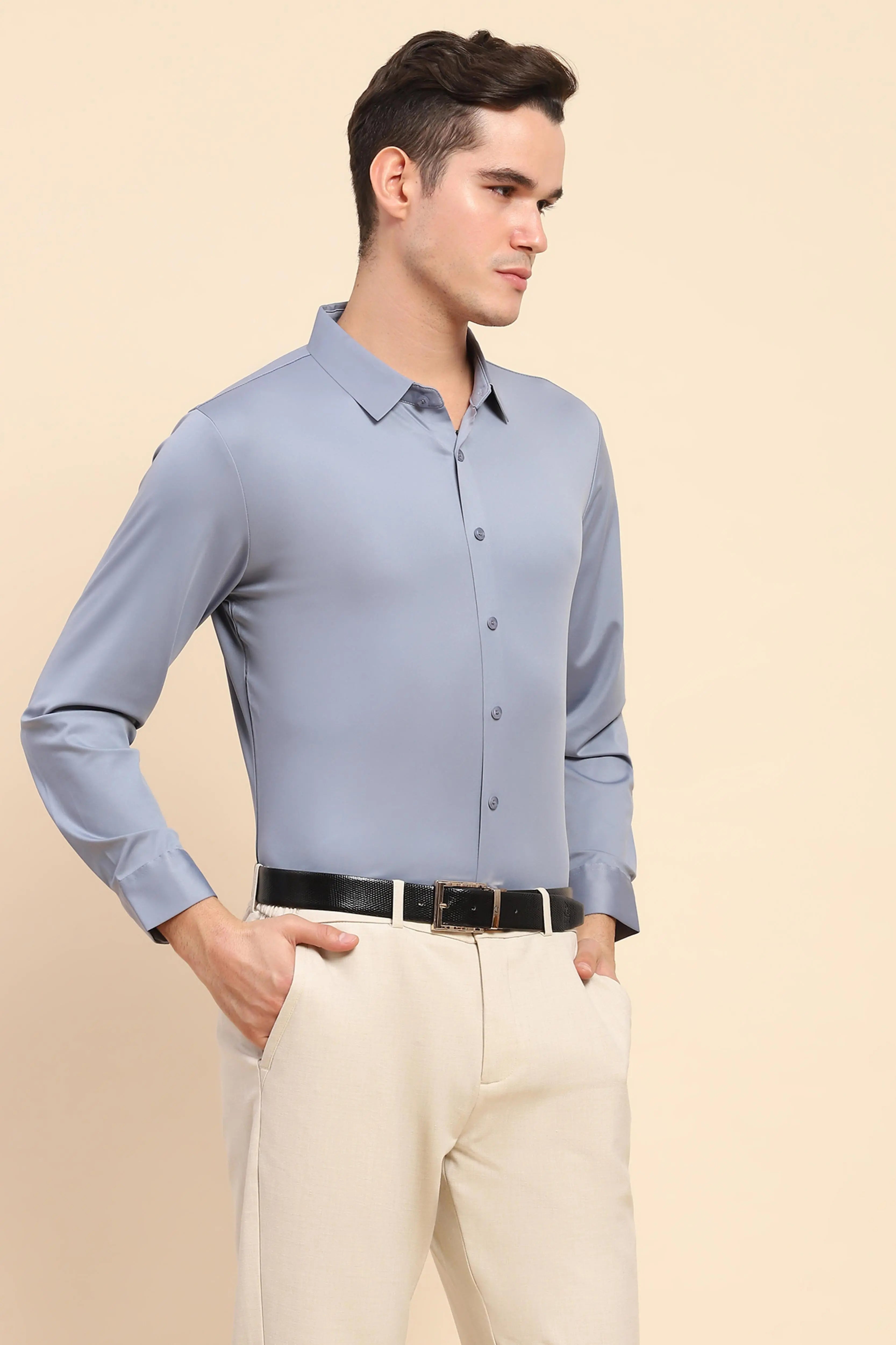 Blue Nylon Blend Solid Formal Shirt - Global Republic
