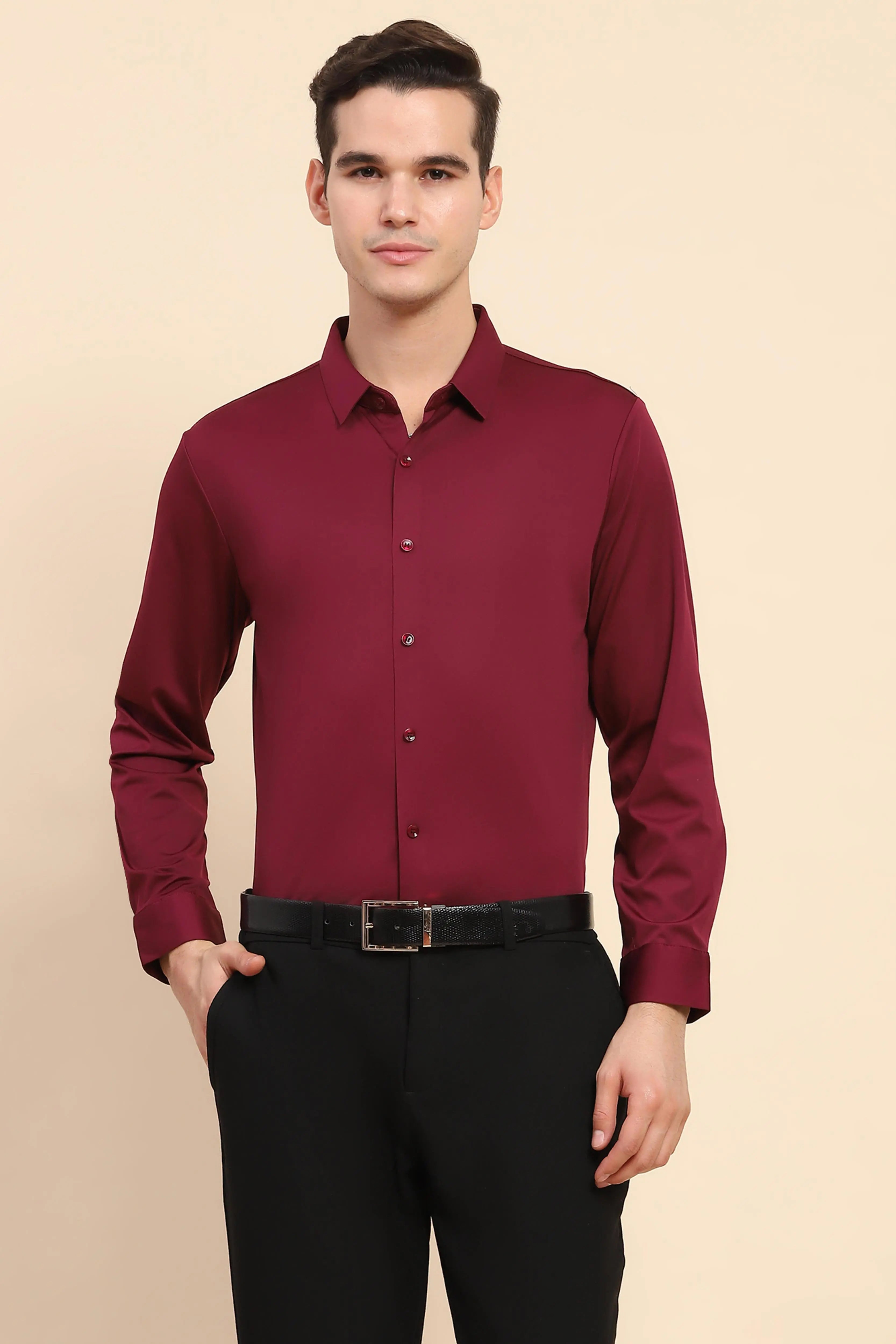 Wine Nylon Blend Solid Formal Shirt - Global Republic