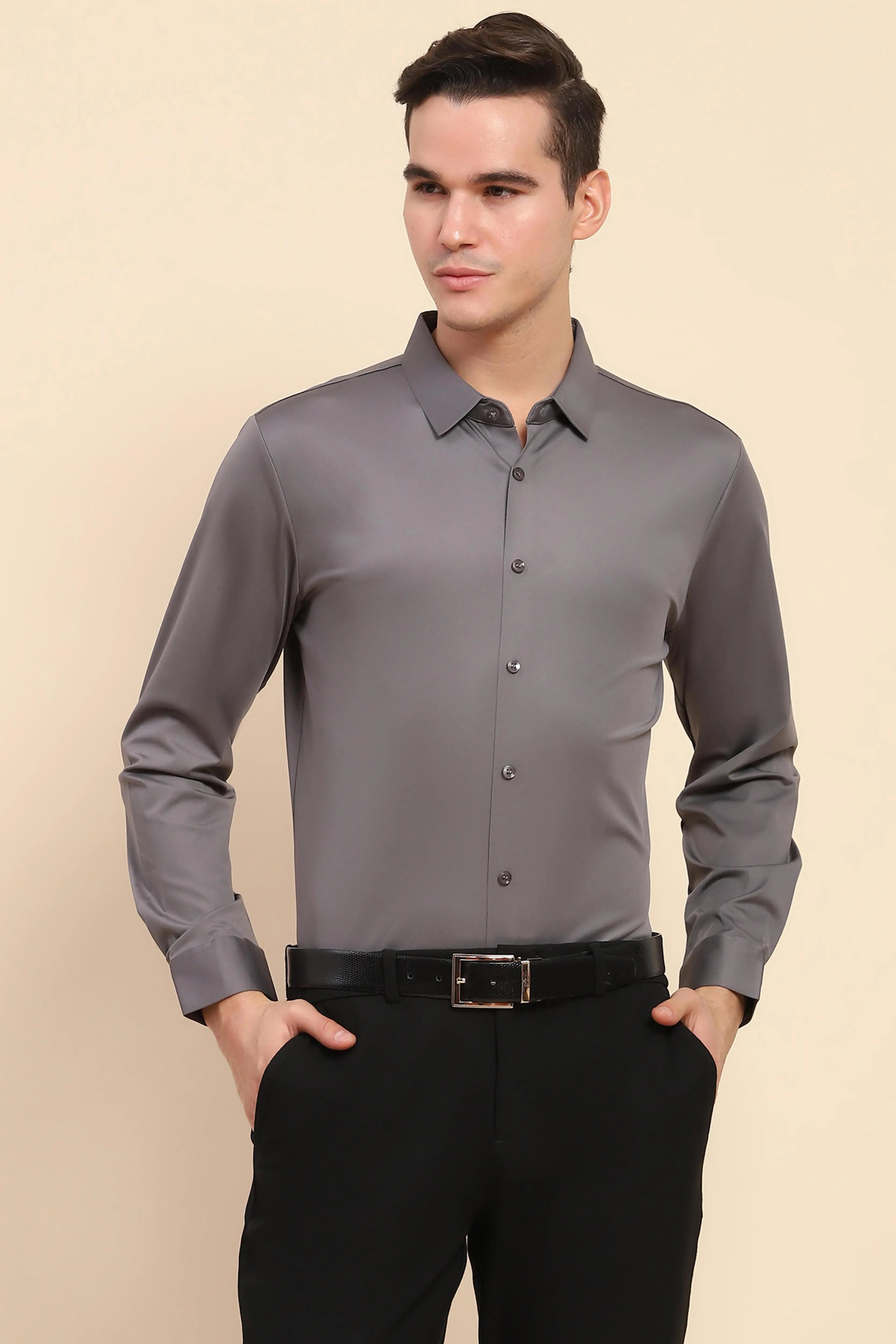 Gray Nylon Blend Solid Formal Shirt - Global Republic