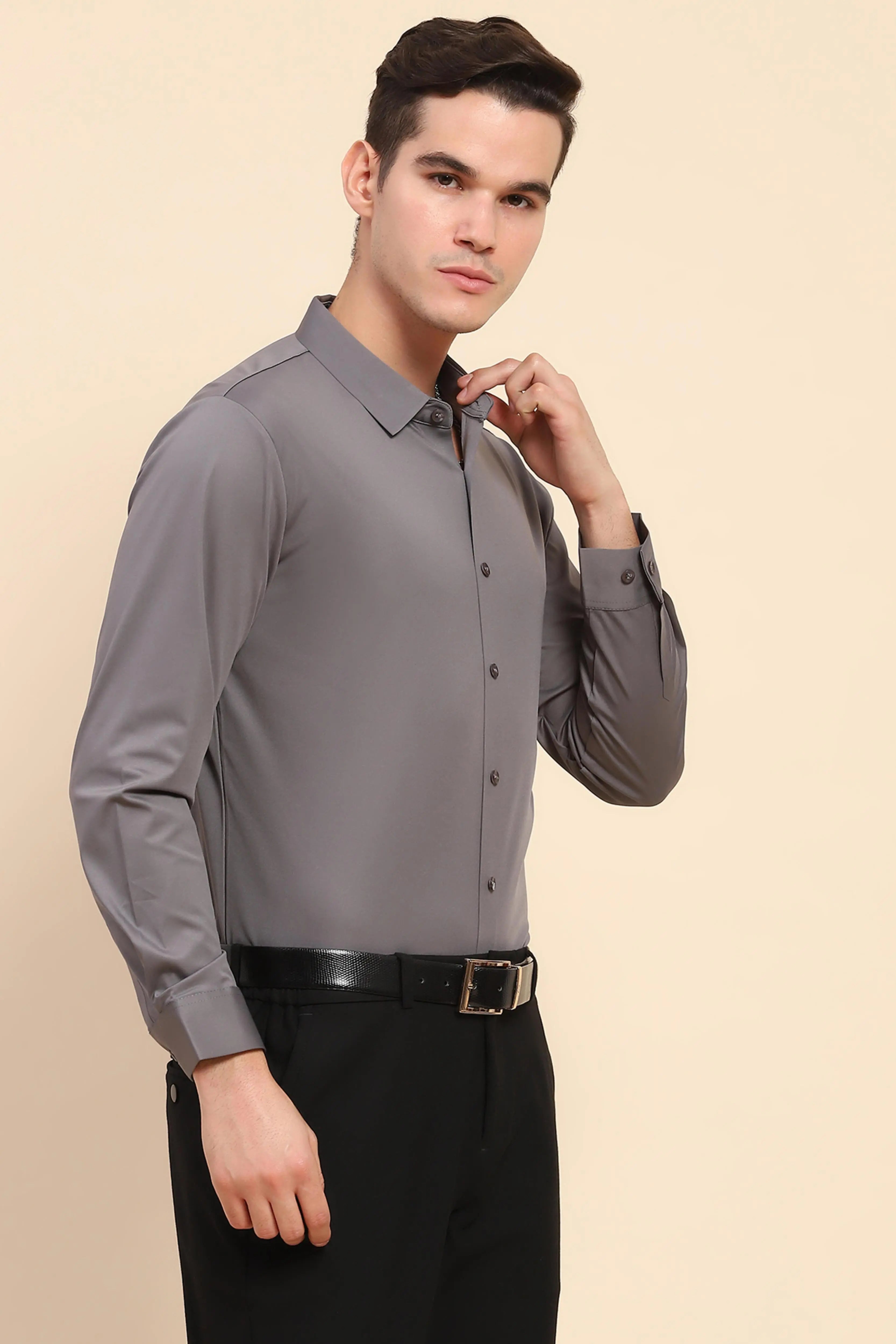 Gray Nylon Blend Solid Formal Shirt - Global Republic