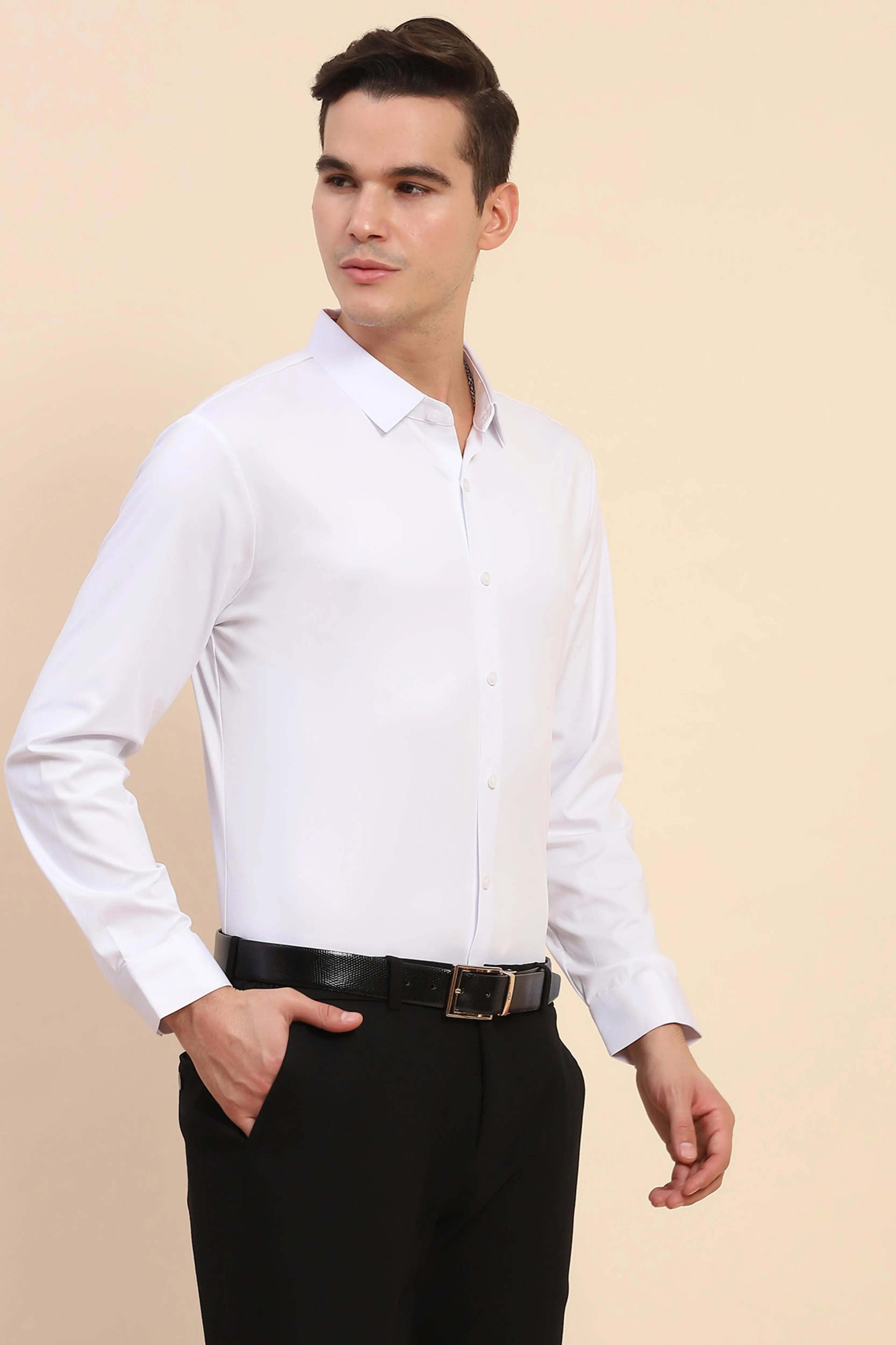 White Nylon Blend Solid Formal Shirt - Global Republic