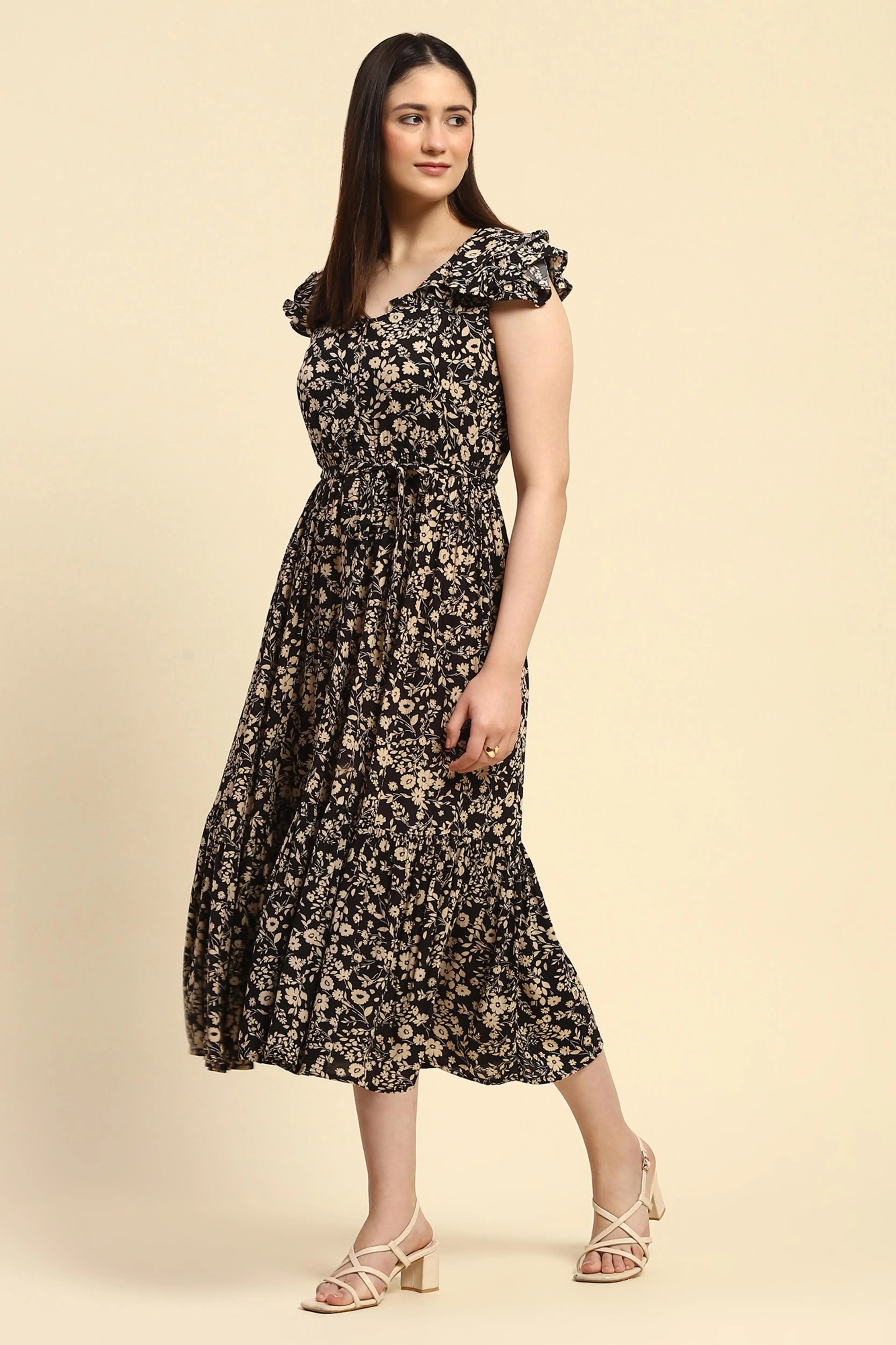 Black Floral Rayon Fit & Flare Dress - Global Republic