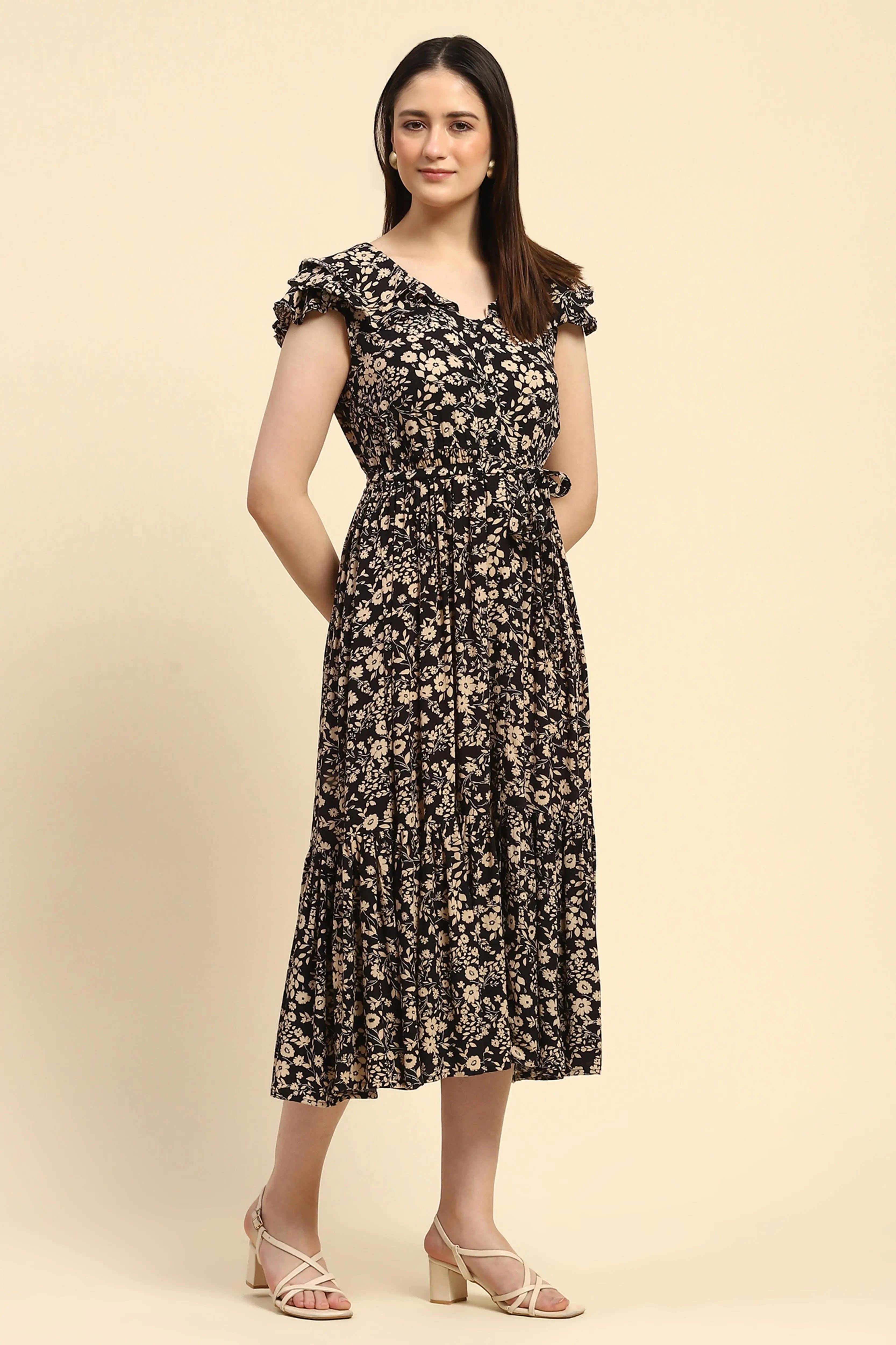 Black Floral Rayon Fit & Flare Dress - Global Republic