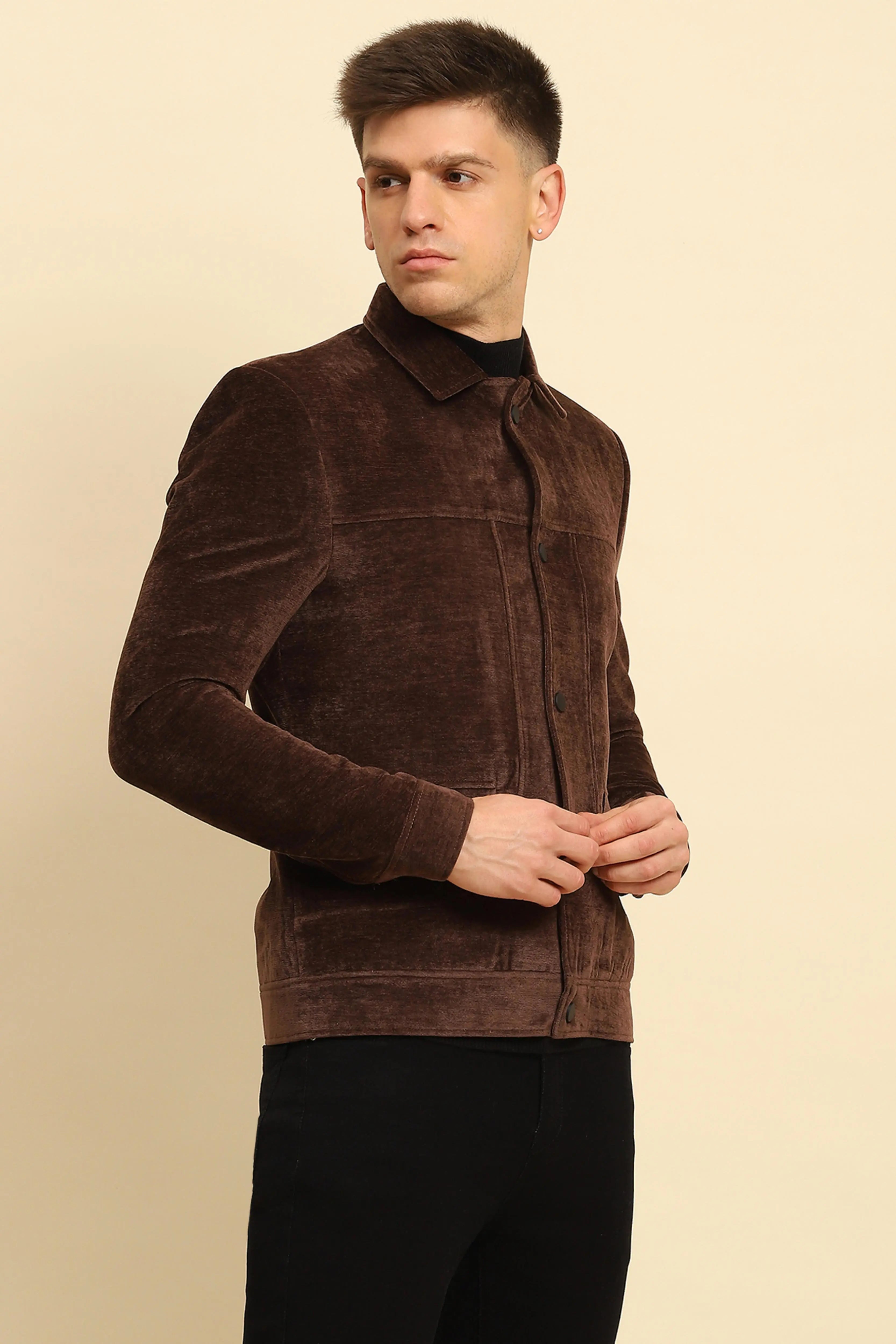 Brown Velvet Solid Jacket - Global Republic