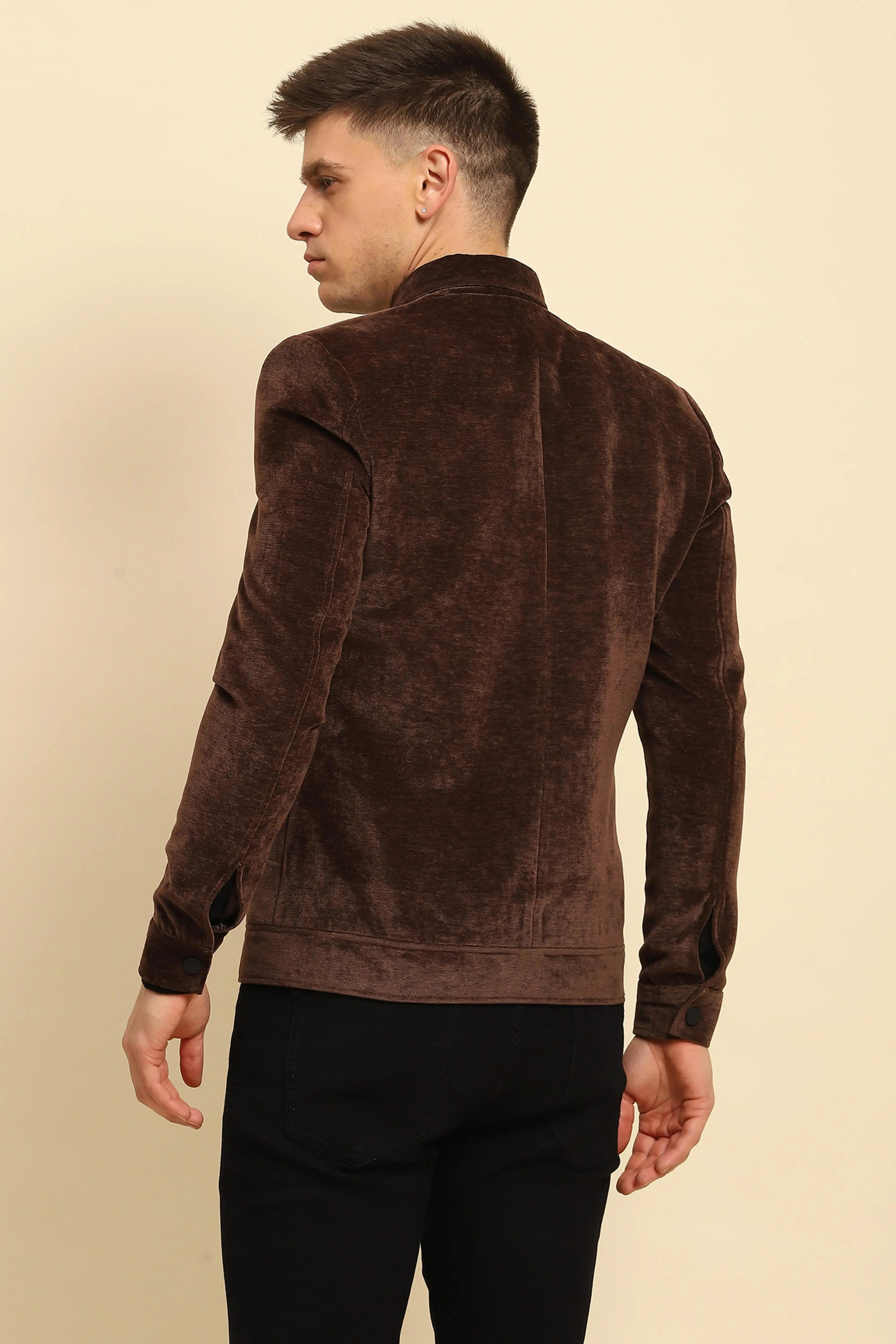 Brown Velvet Solid Jacket - Global Republic