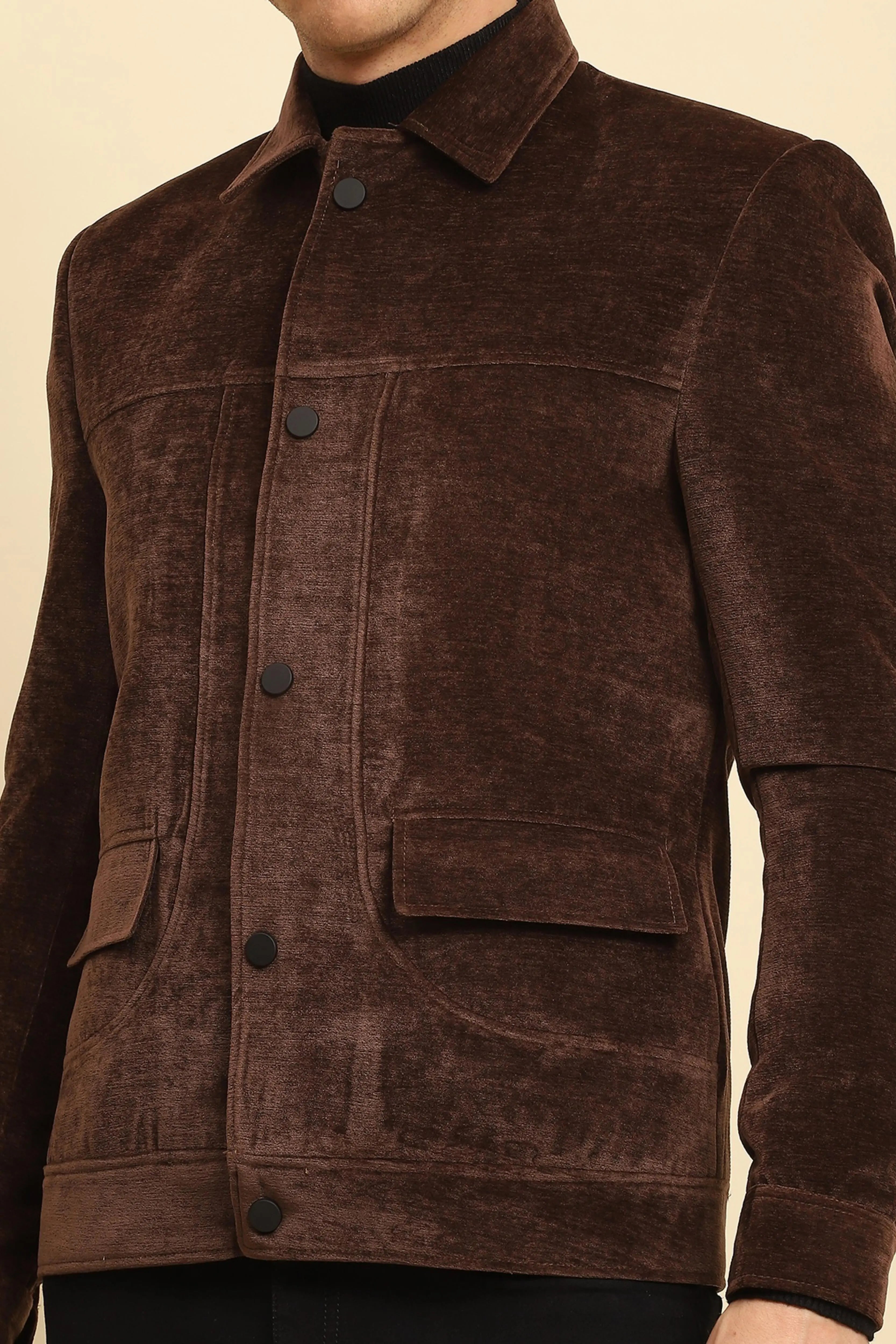 Brown Velvet Solid Jacket - Global Republic