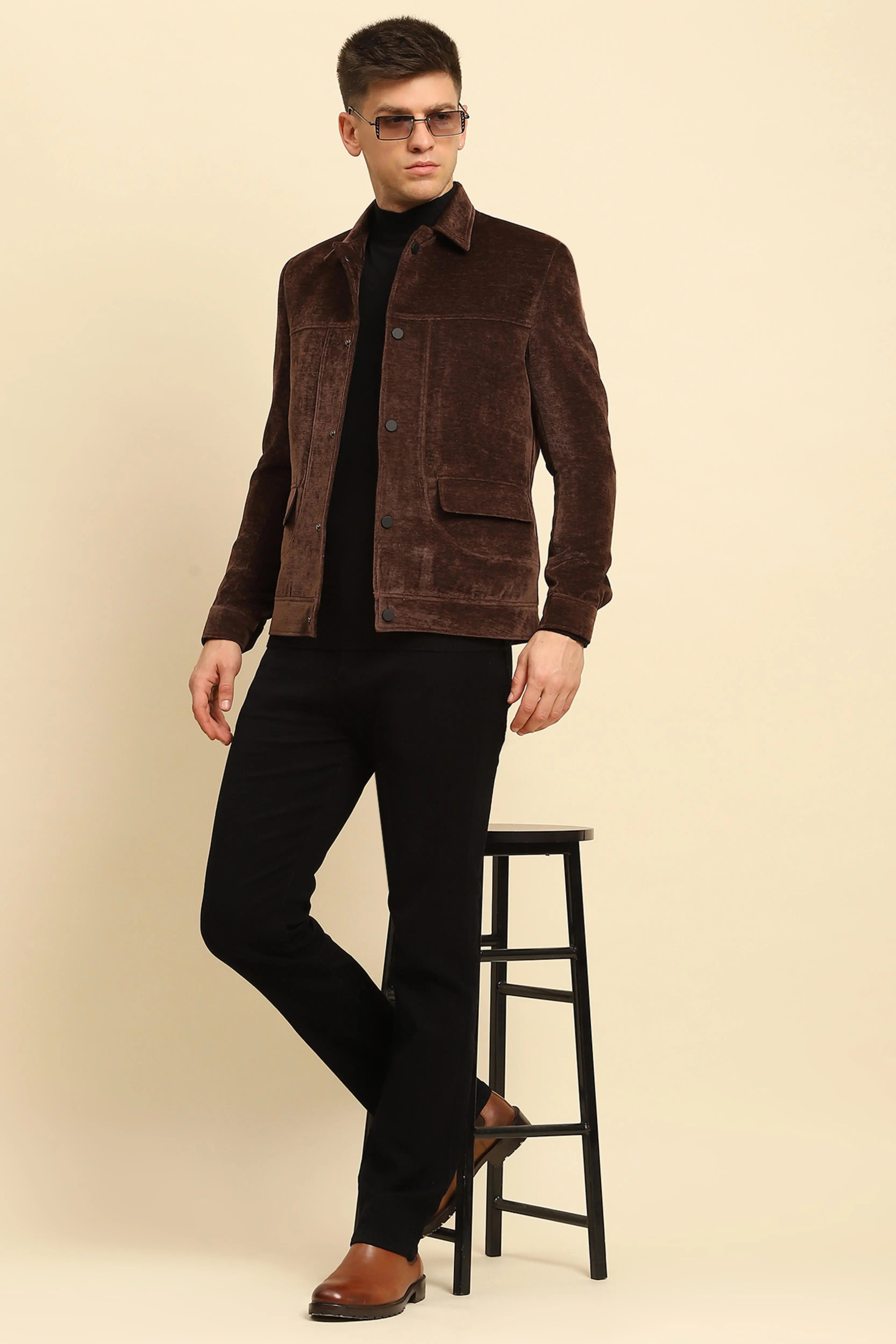 Brown Velvet Solid Jacket - Global Republic