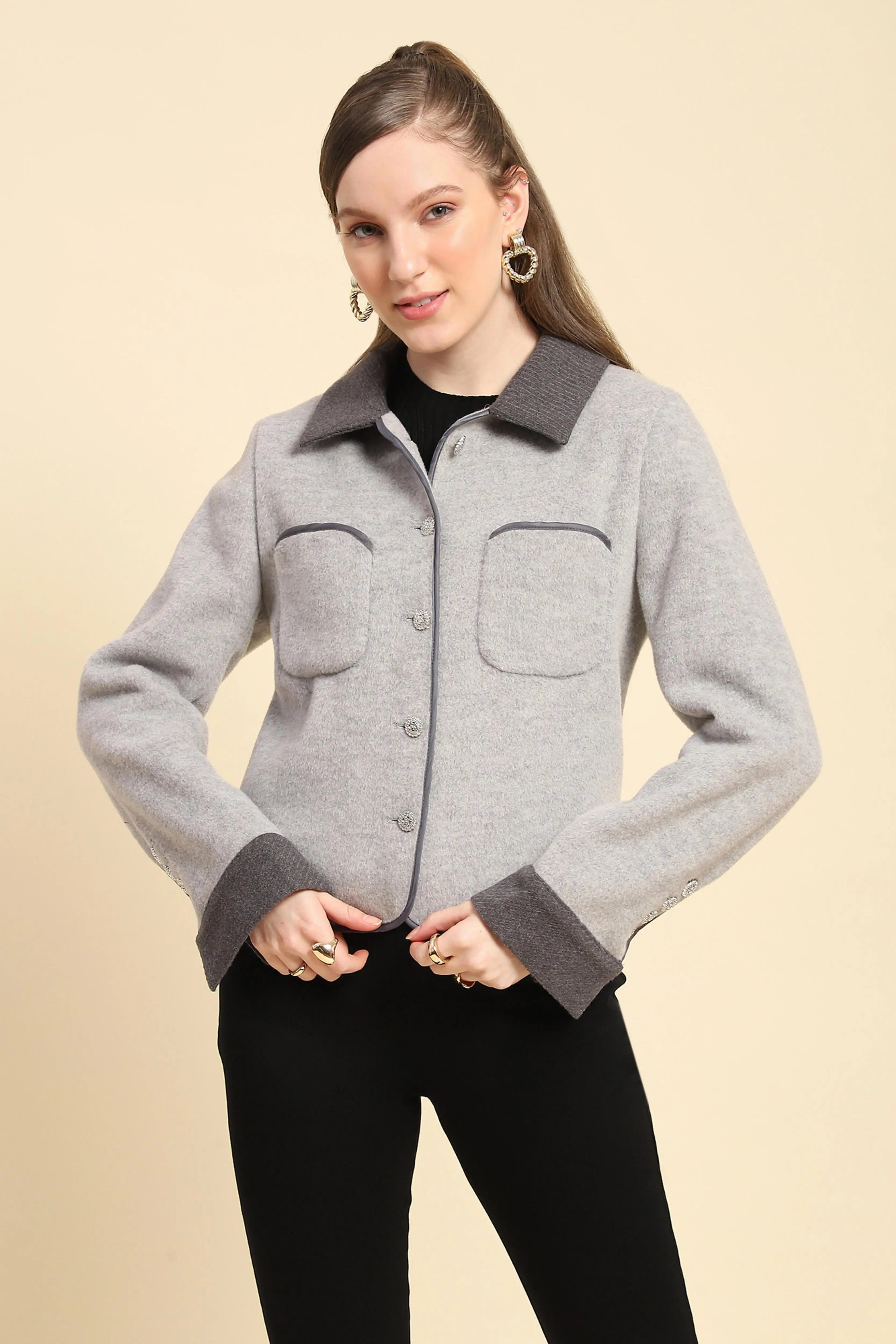 Grey Solid  Viscose Winter Coat - Global Republic