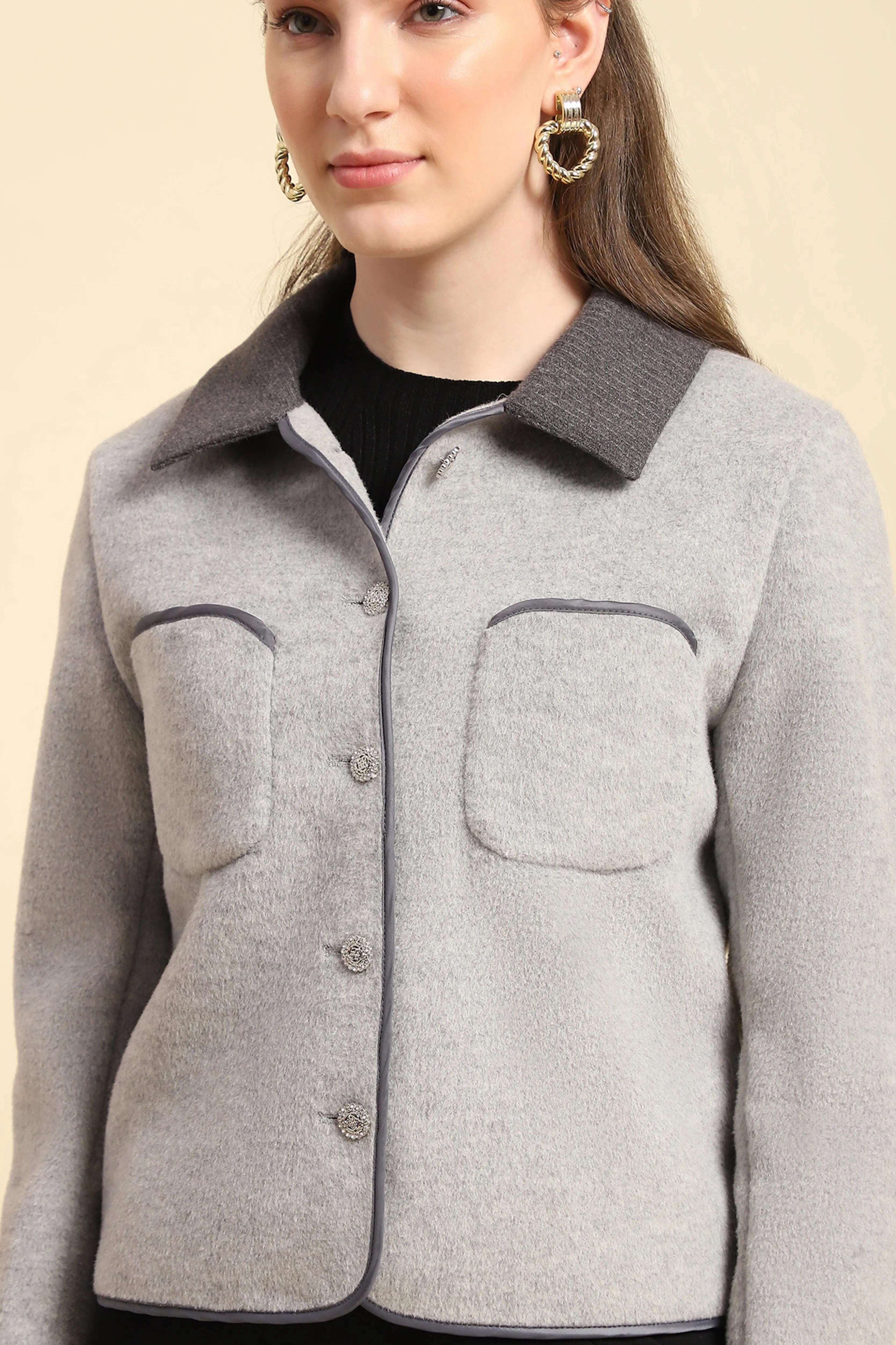 Grey Solid  Viscose Winter Coat - Global Republic