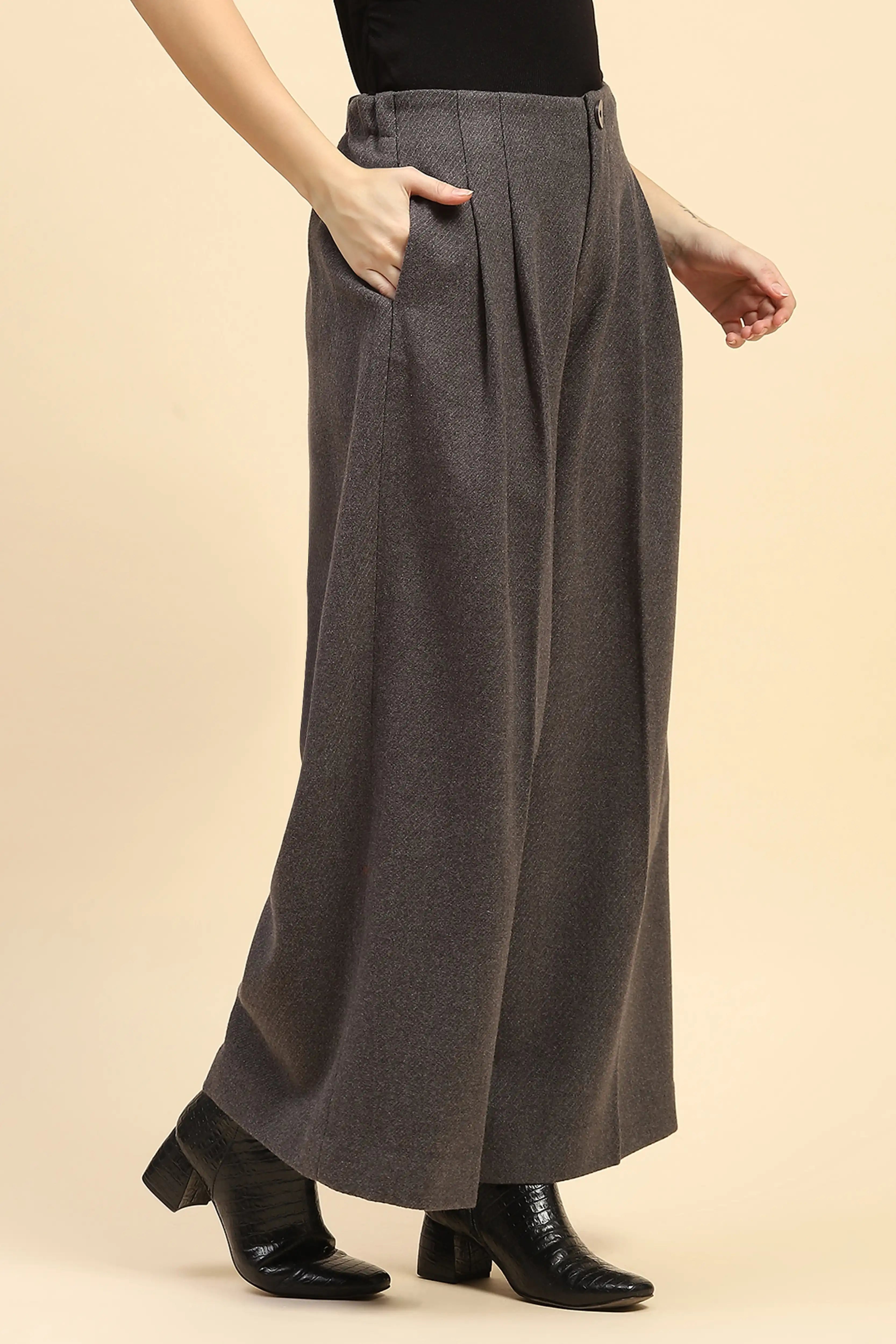 Grey Viscose Wide Leg Winter Trouser