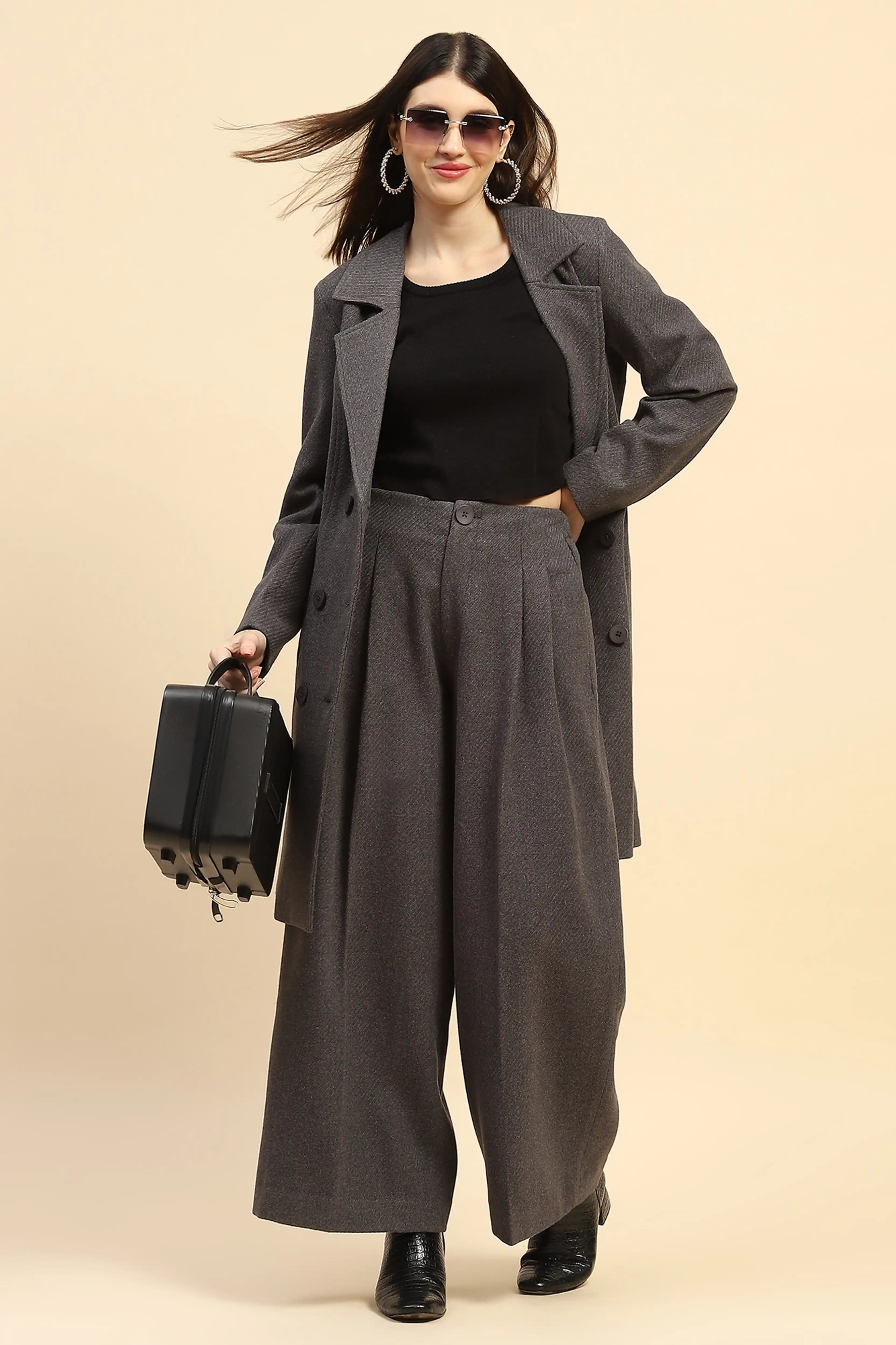 Grey Viscose Wide Leg Winter Trouser