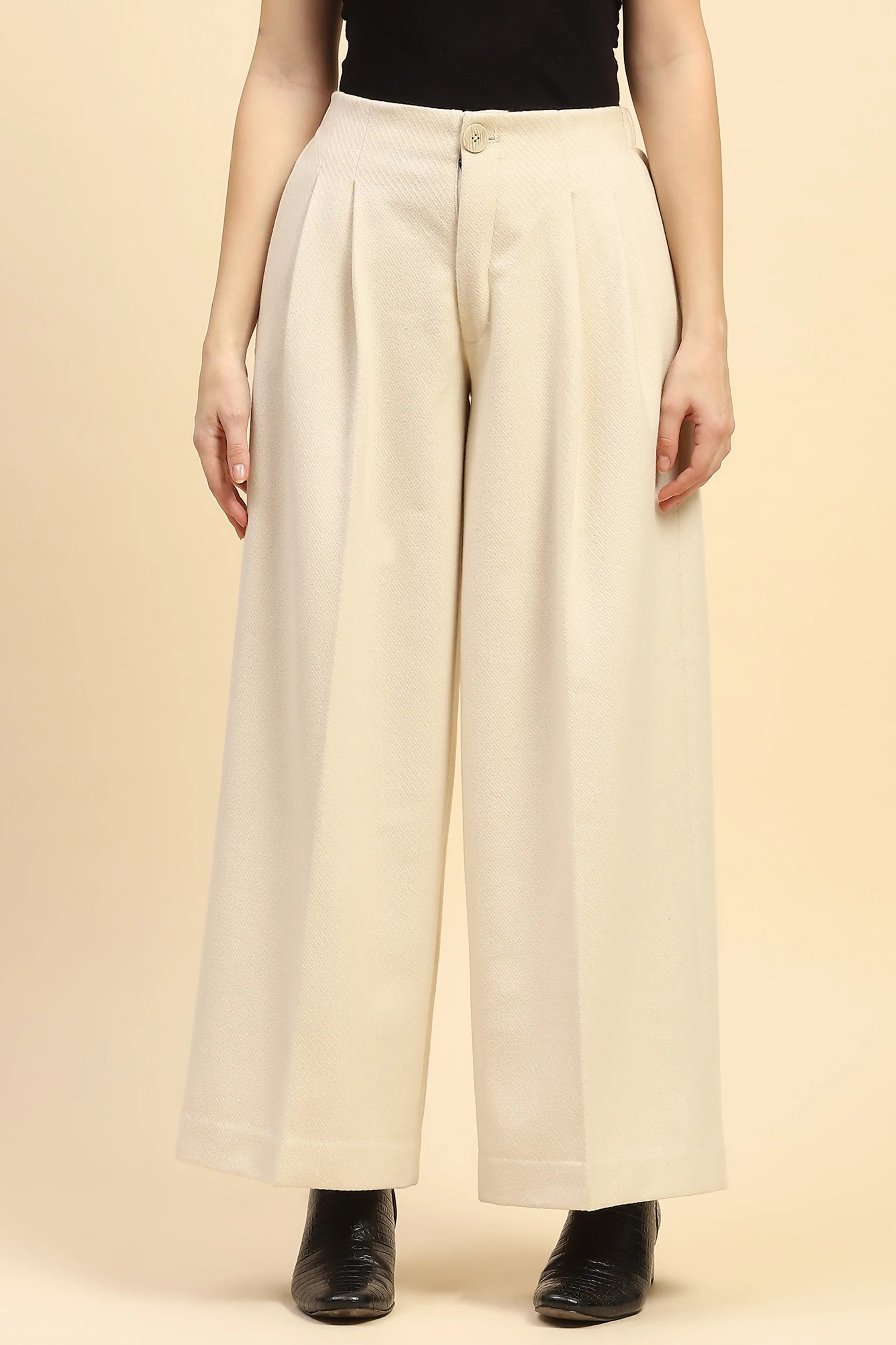 Cream Viscose Wide Leg Winter Trouser
