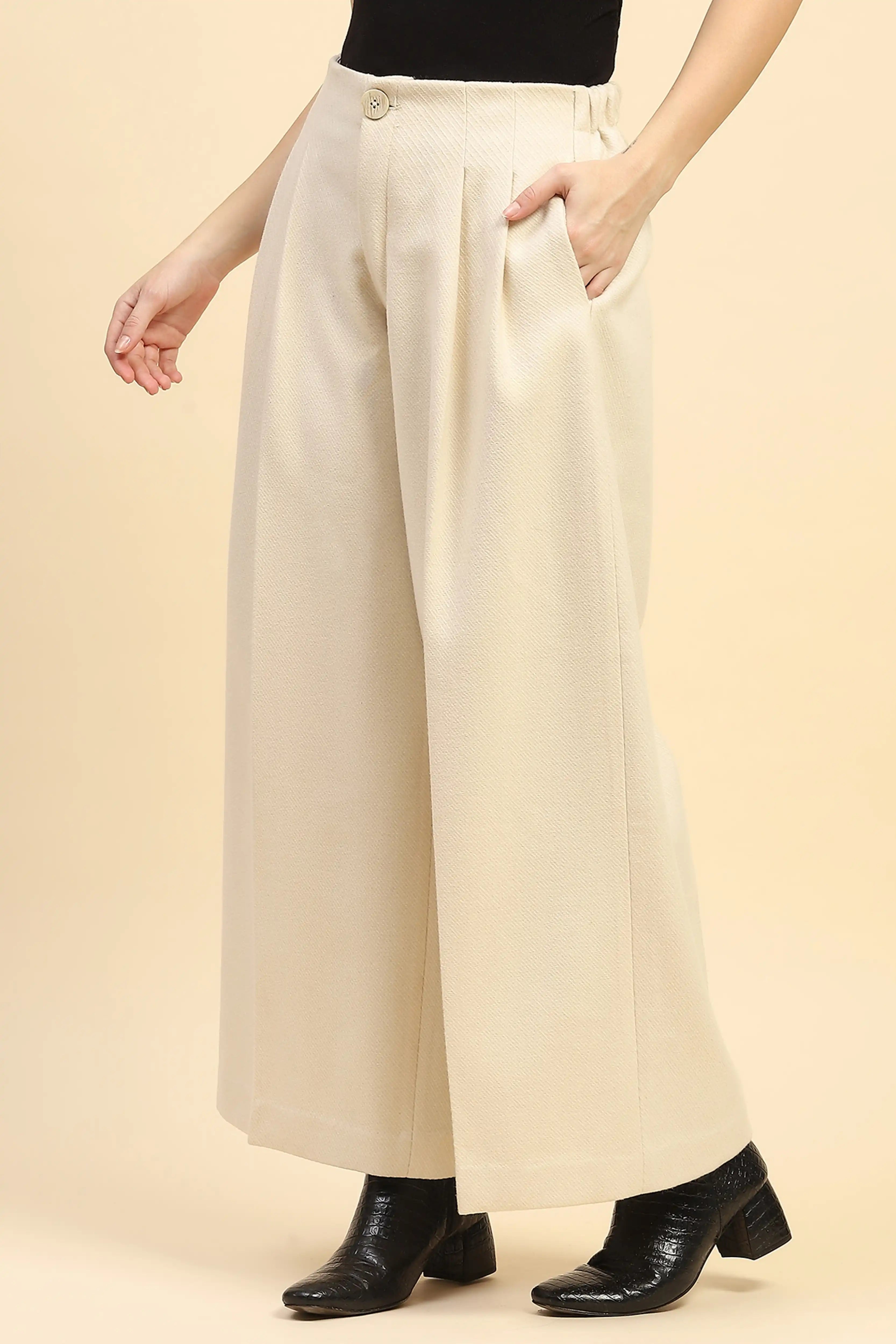 Cream Viscose Wide Leg Winter Trouser