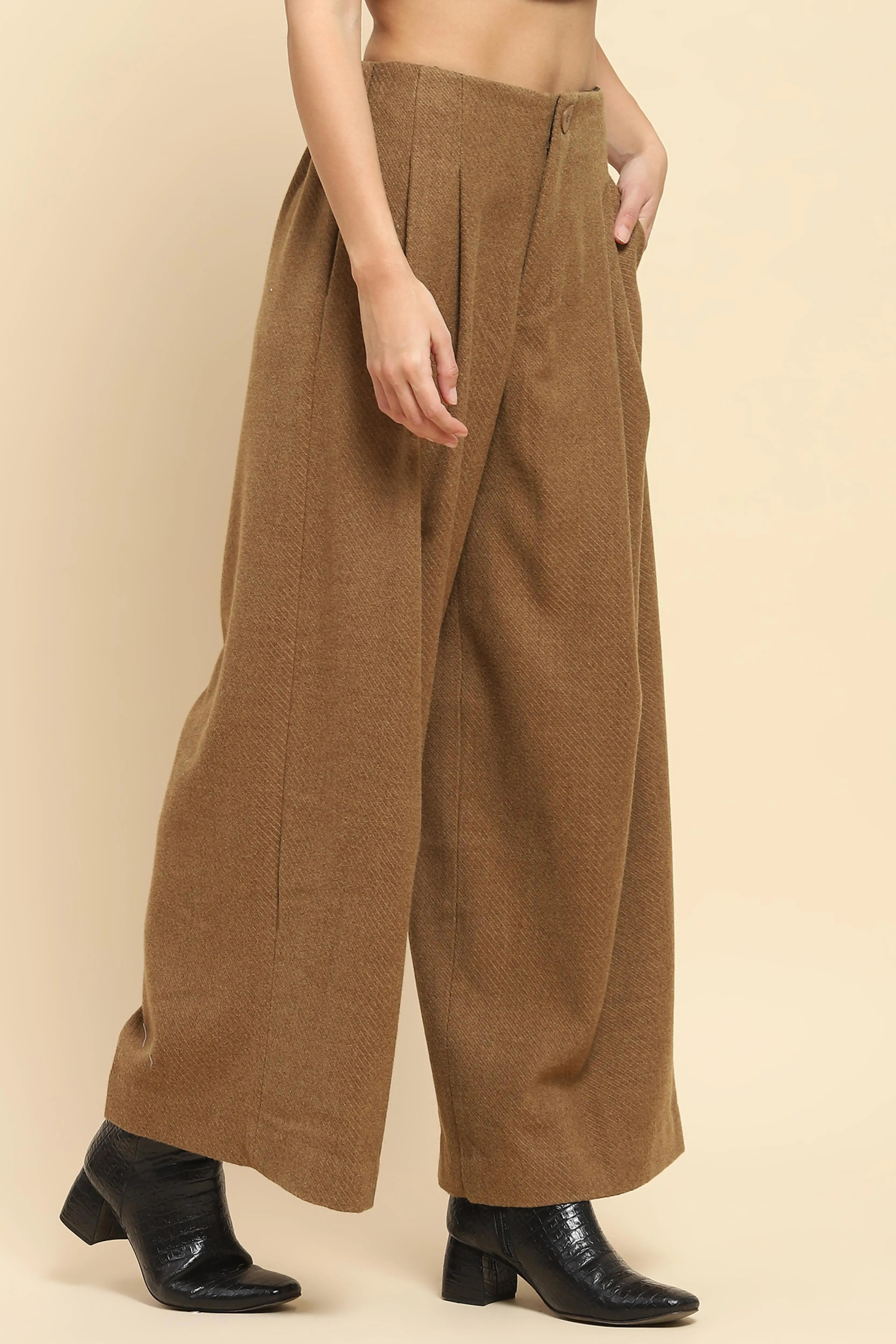 Brown Viscose Wide Leg Winter Trouser - Global Republic