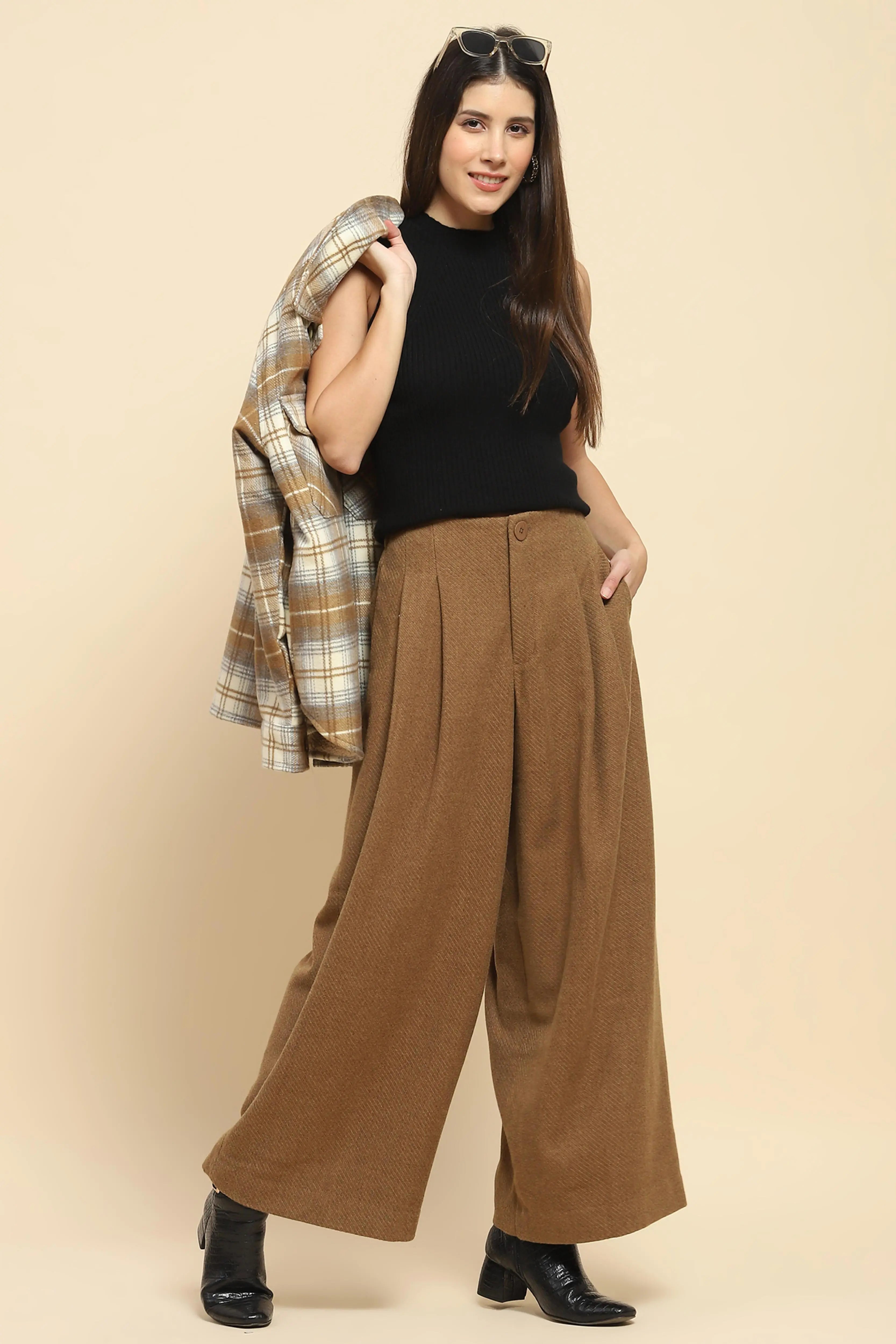 Brown Viscose Wide Leg Winter Trouser - Global Republic