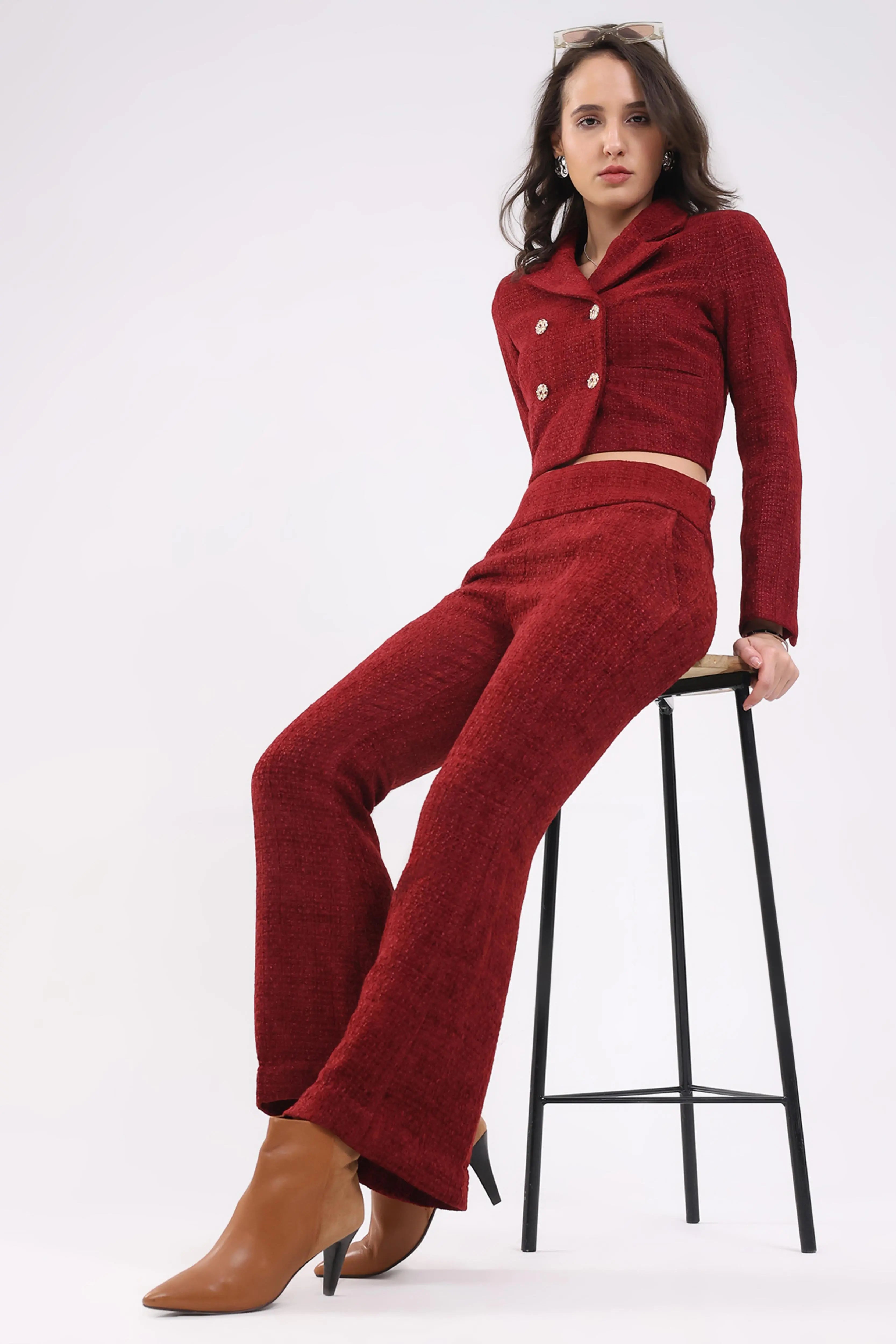 Maroon Wool Blend Crop Jacket - Global Republic