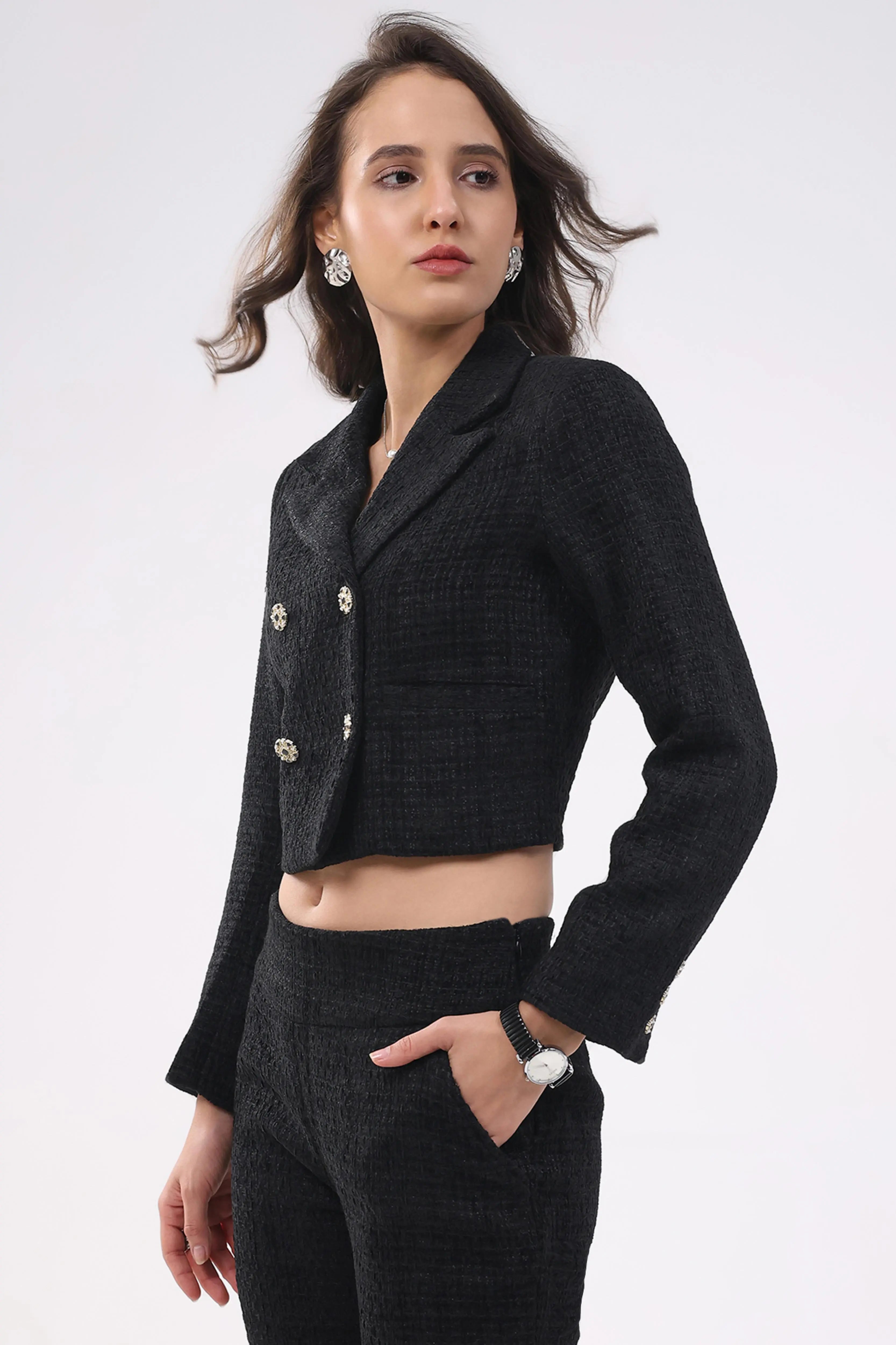 Black Wool Blend Crop Jacket - Global Republic