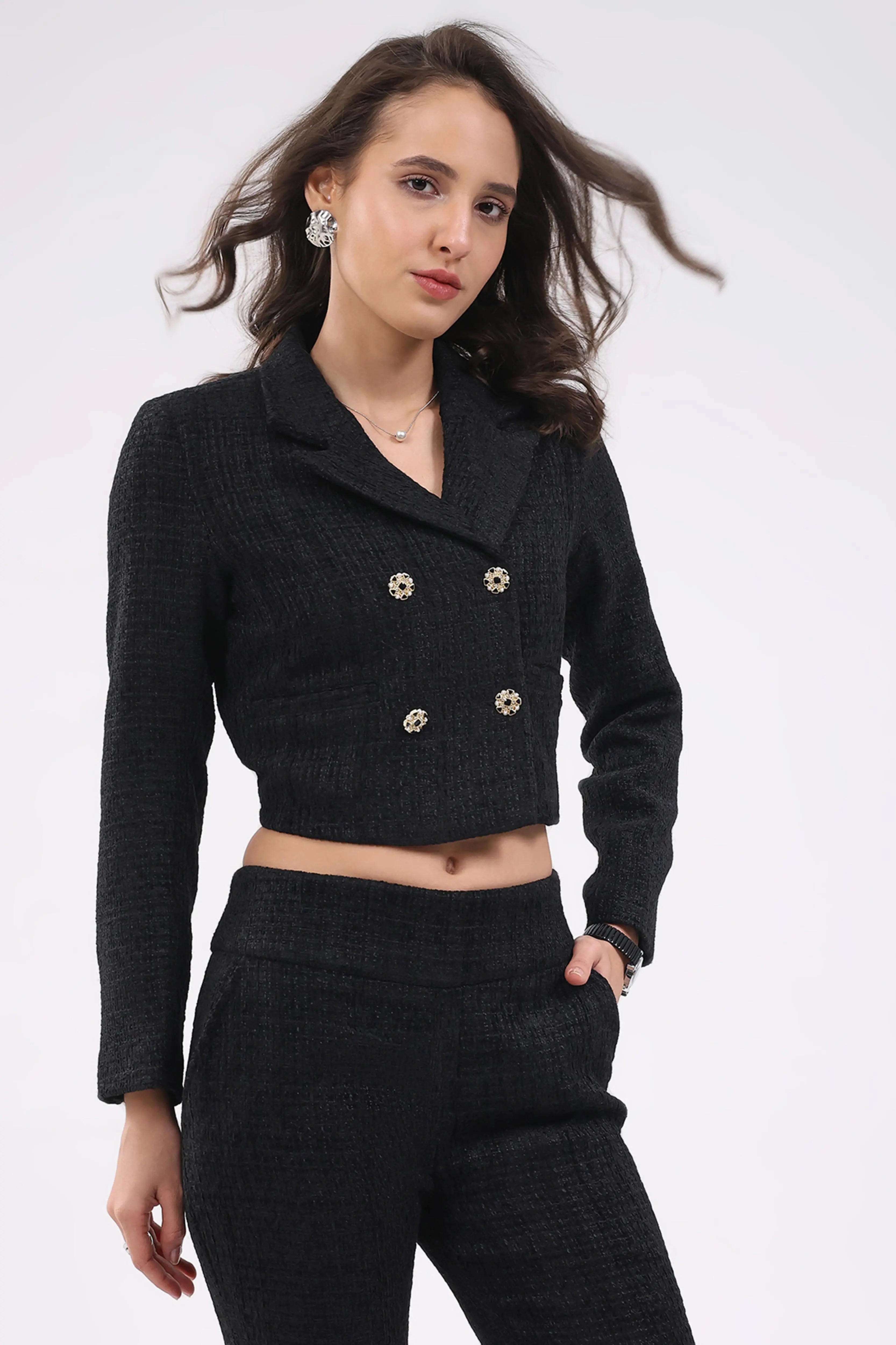 Black Wool Blend Crop Jacket - Global Republic