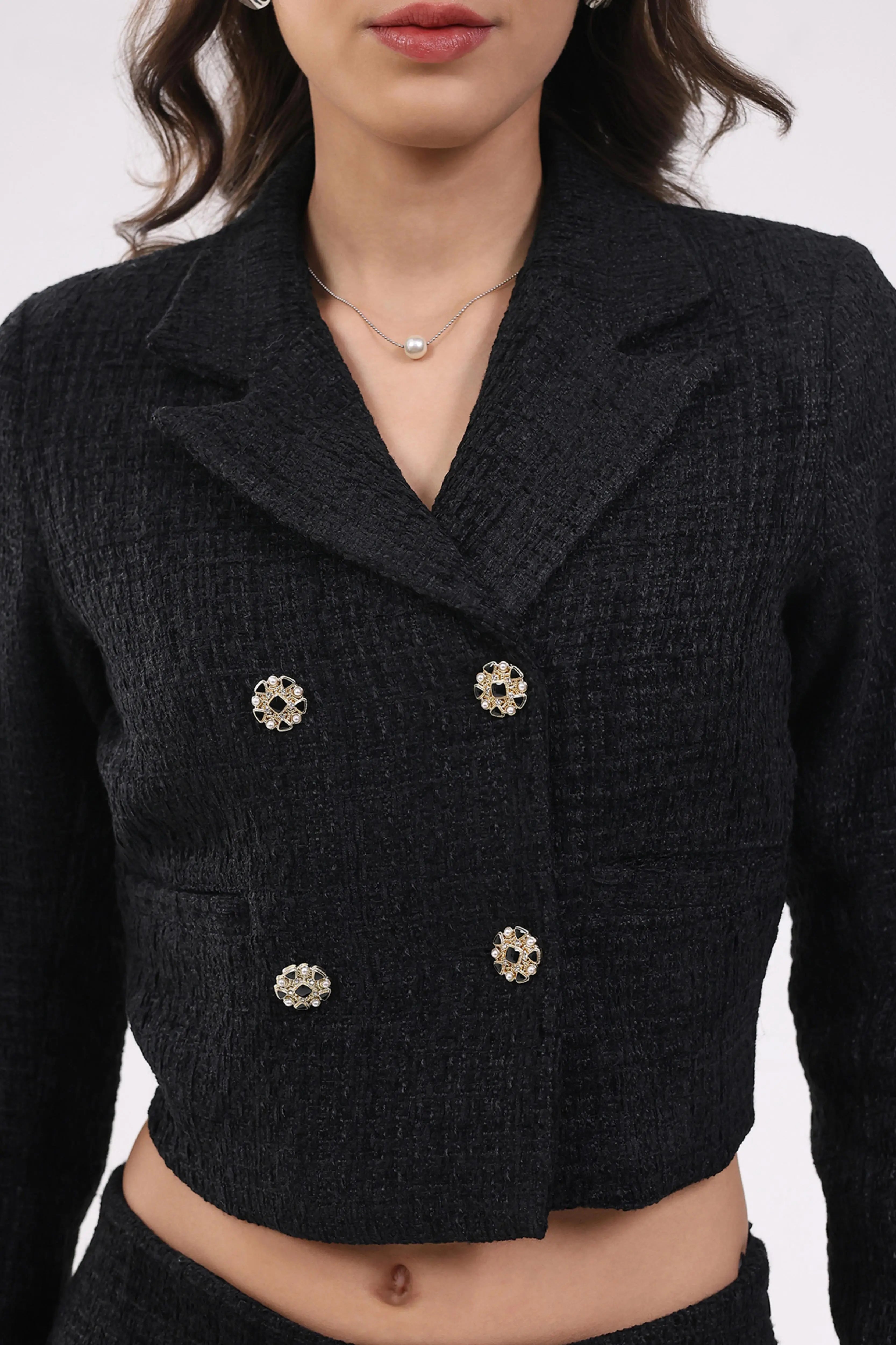 Black Wool Blend Crop Jacket - Global Republic