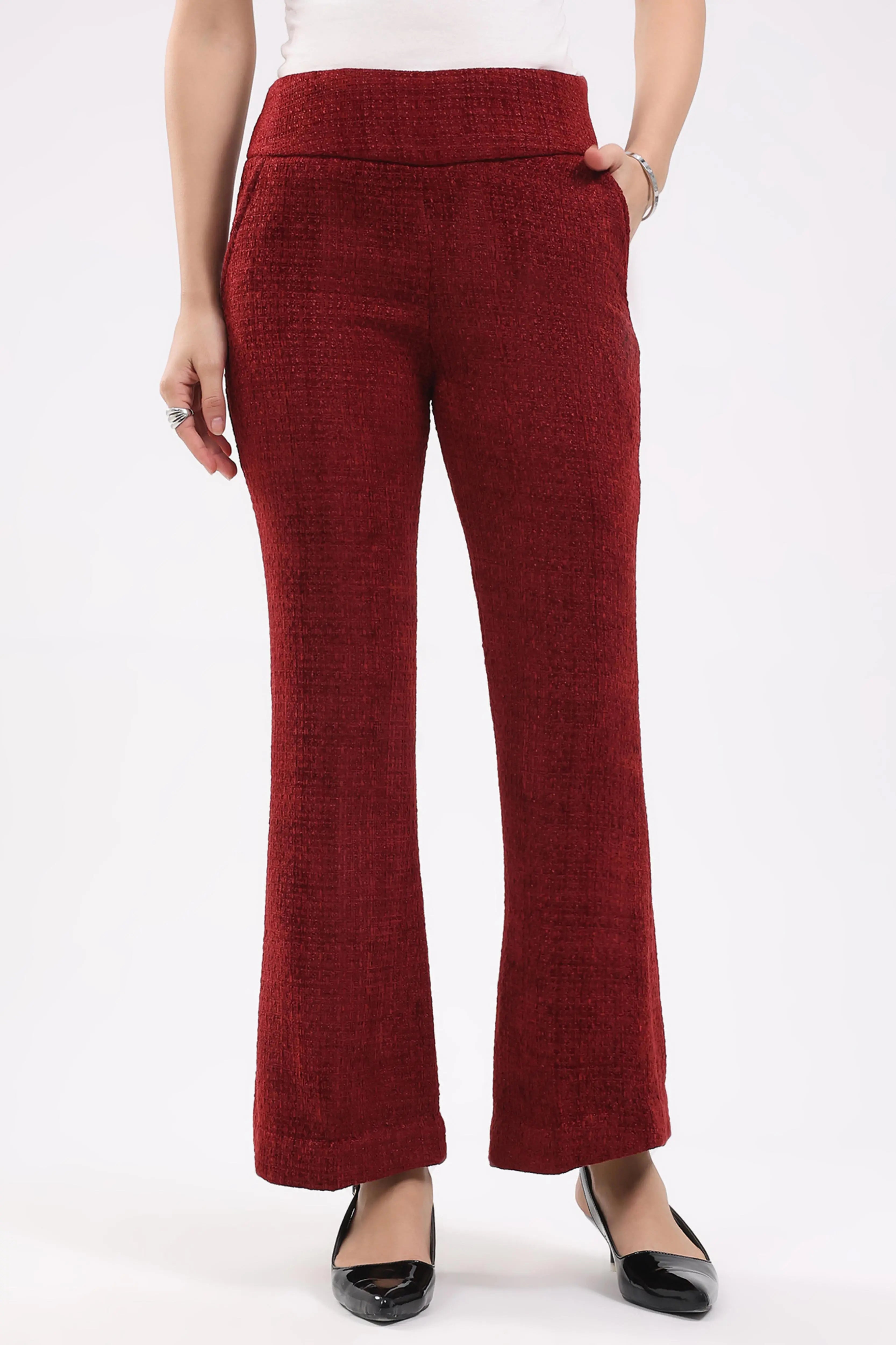 Maroon Wool Blend Bootcut Trousers - Global Republic