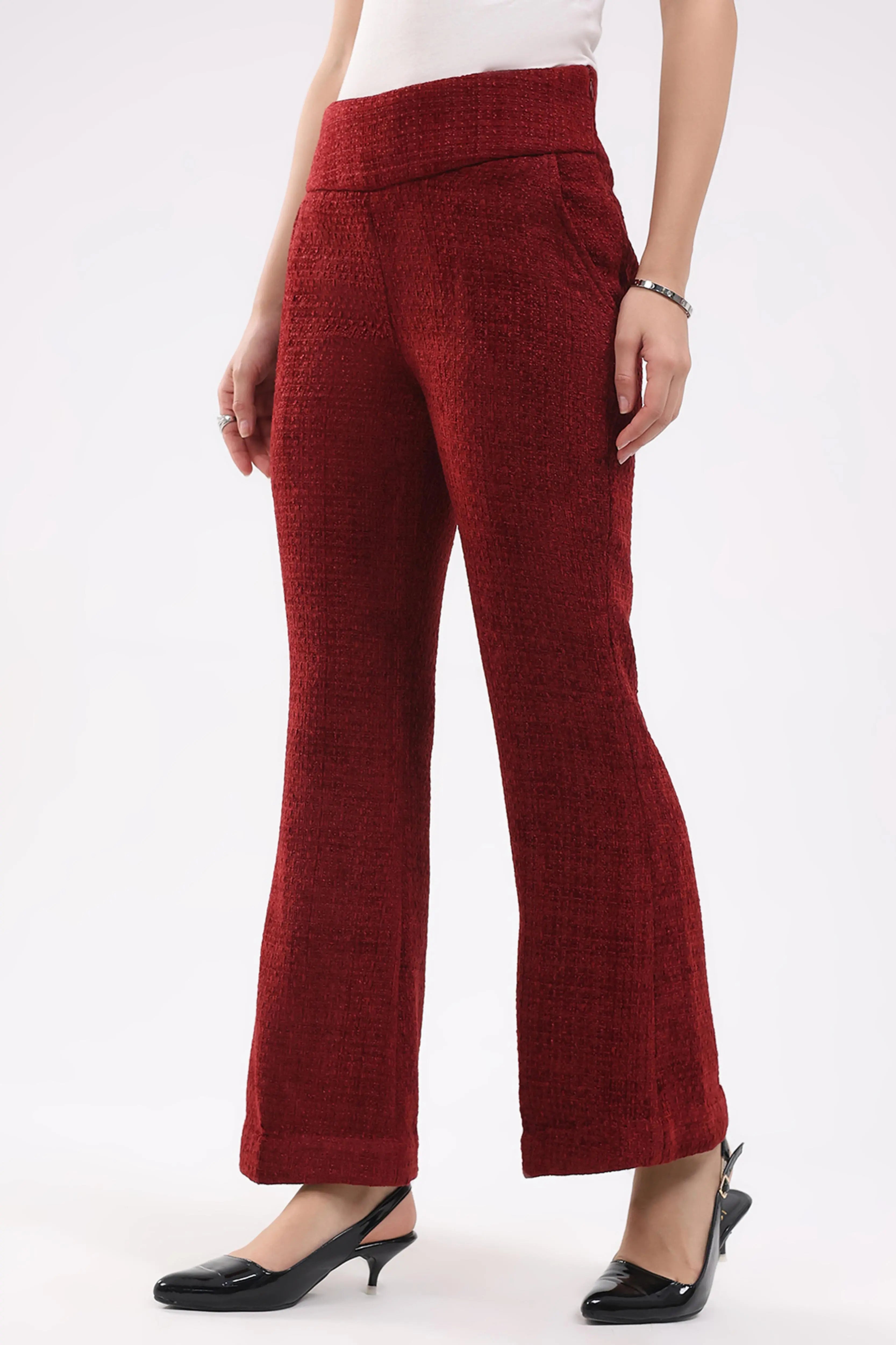 Maroon Wool Blend Bootcut Trousers - Global Republic