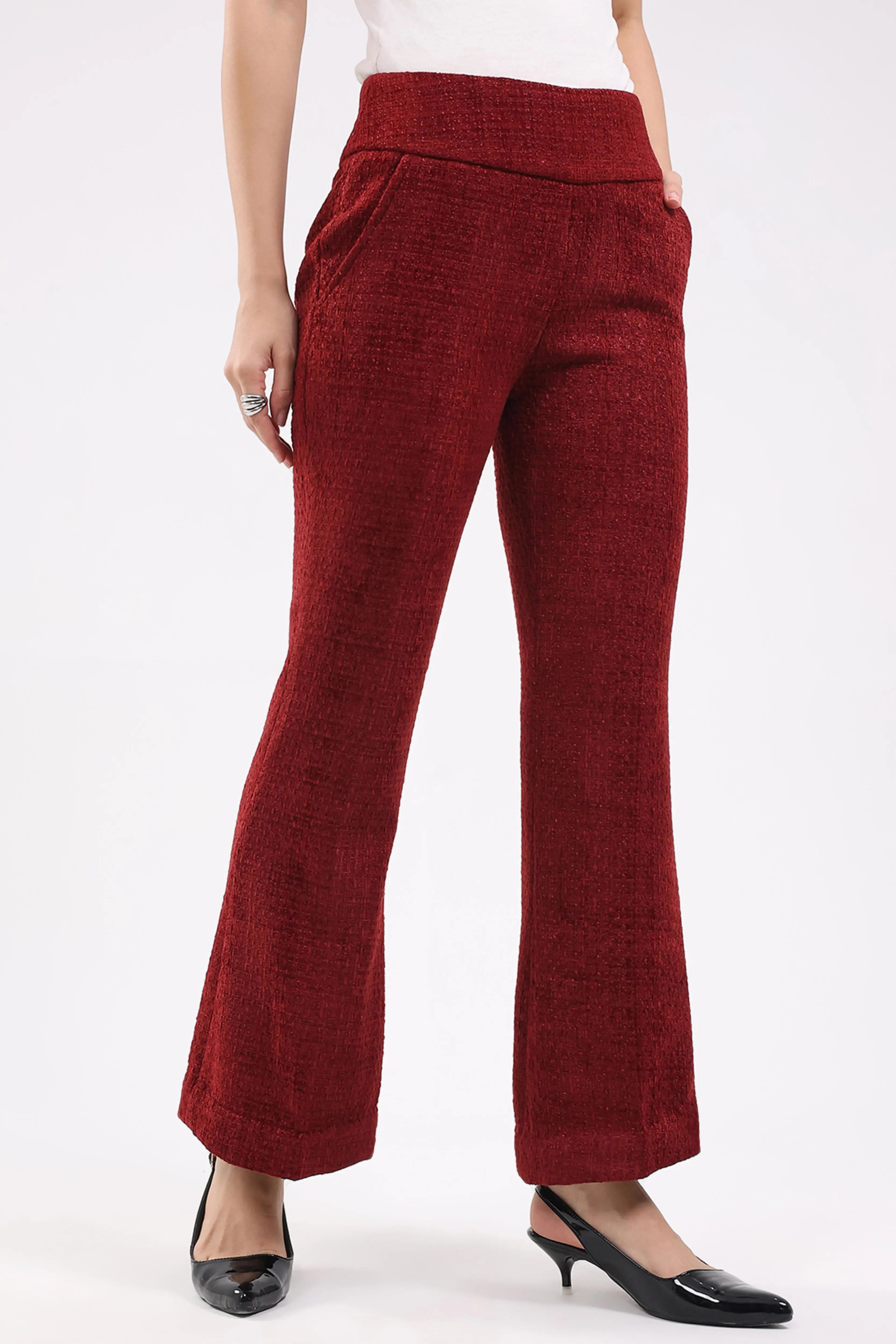 Maroon Wool Blend Bootcut Trousers - Global Republic
