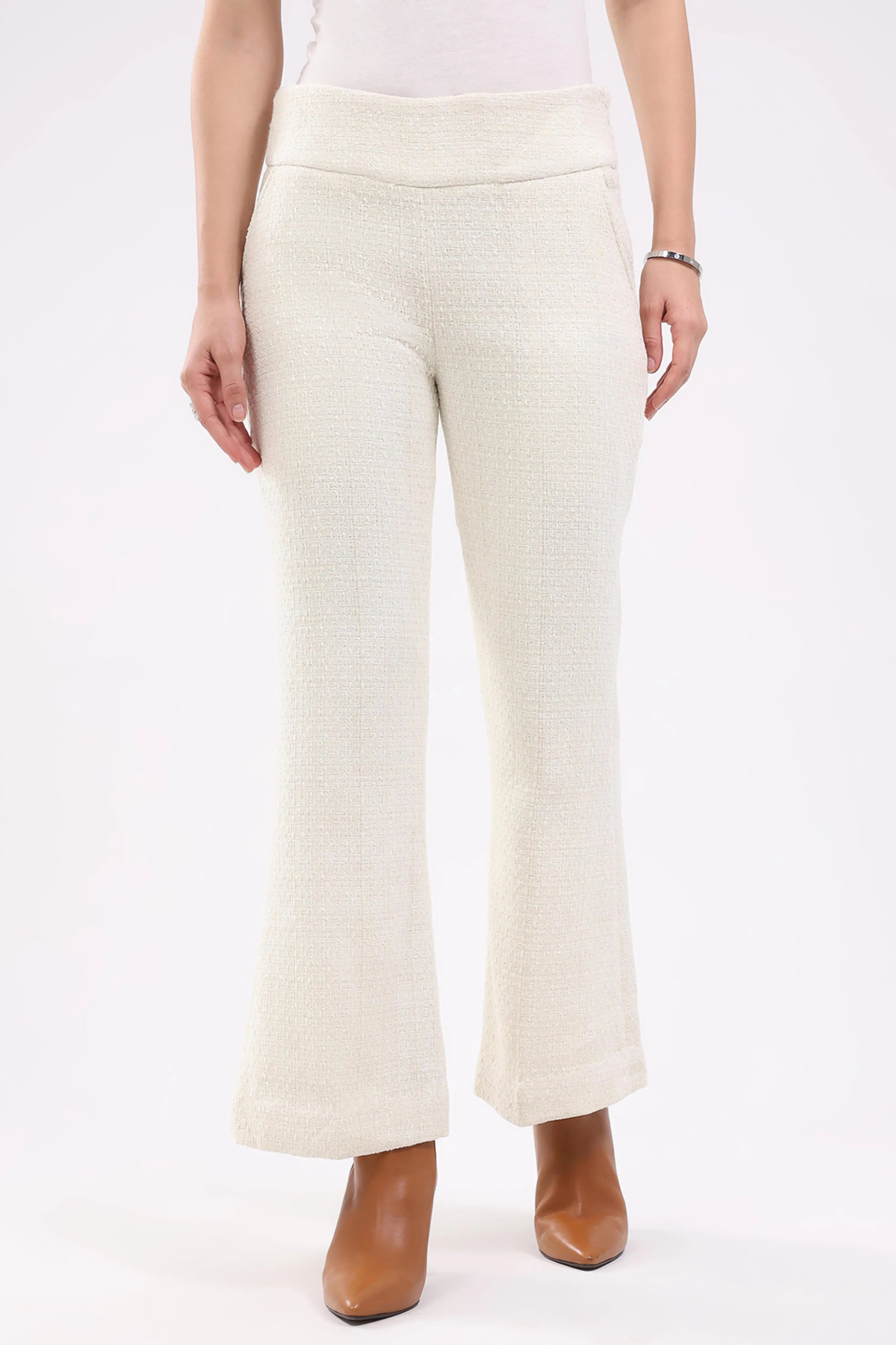 White Wool Blend Bootcut Trousers - Global Republic