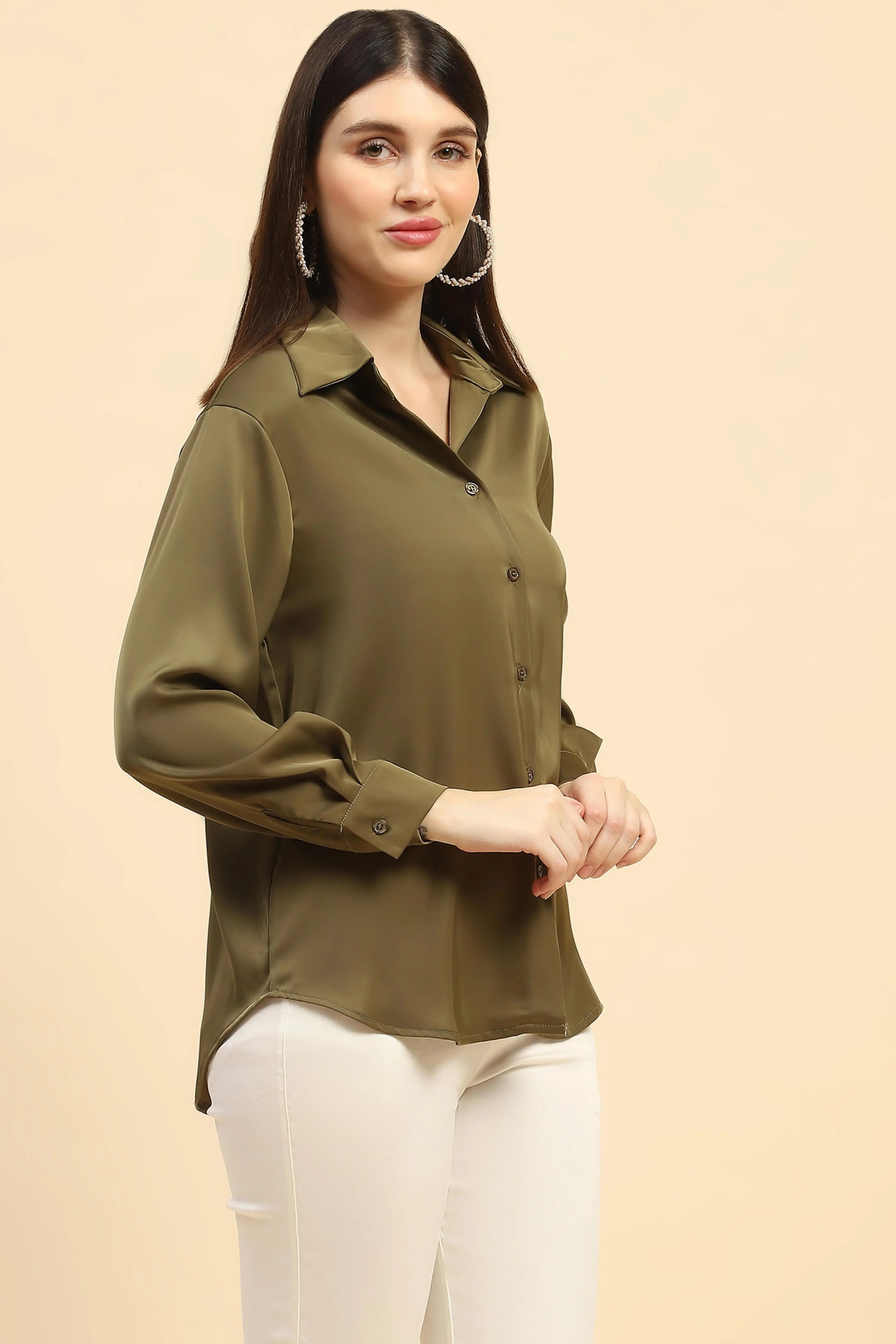 Olive Solid Satin Relaxed Fit Shirt - Global Republic