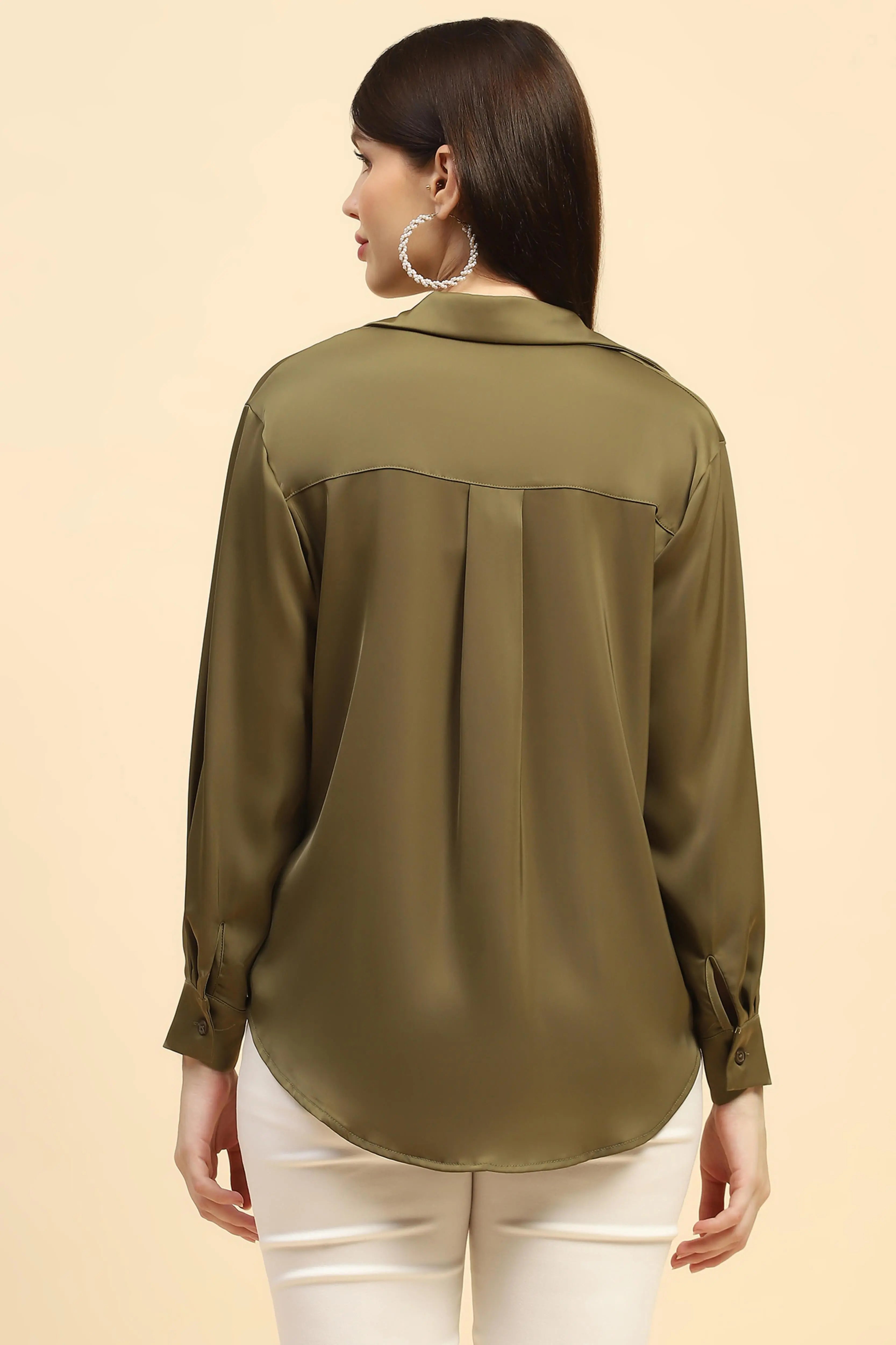 Olive Solid Satin Relaxed Fit Shirt - Global Republic