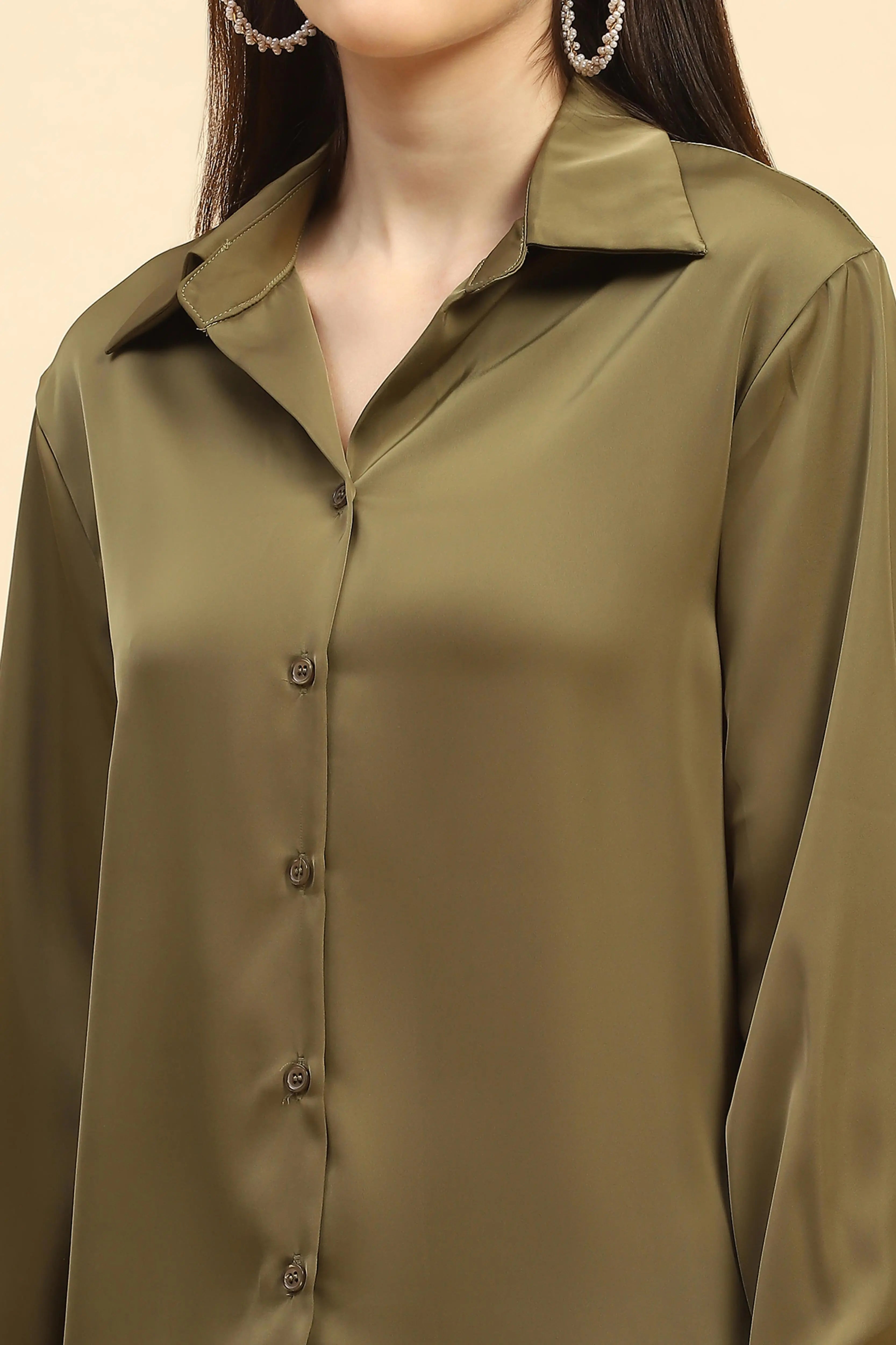 Olive Solid Satin Relaxed Fit Shirt - Global Republic