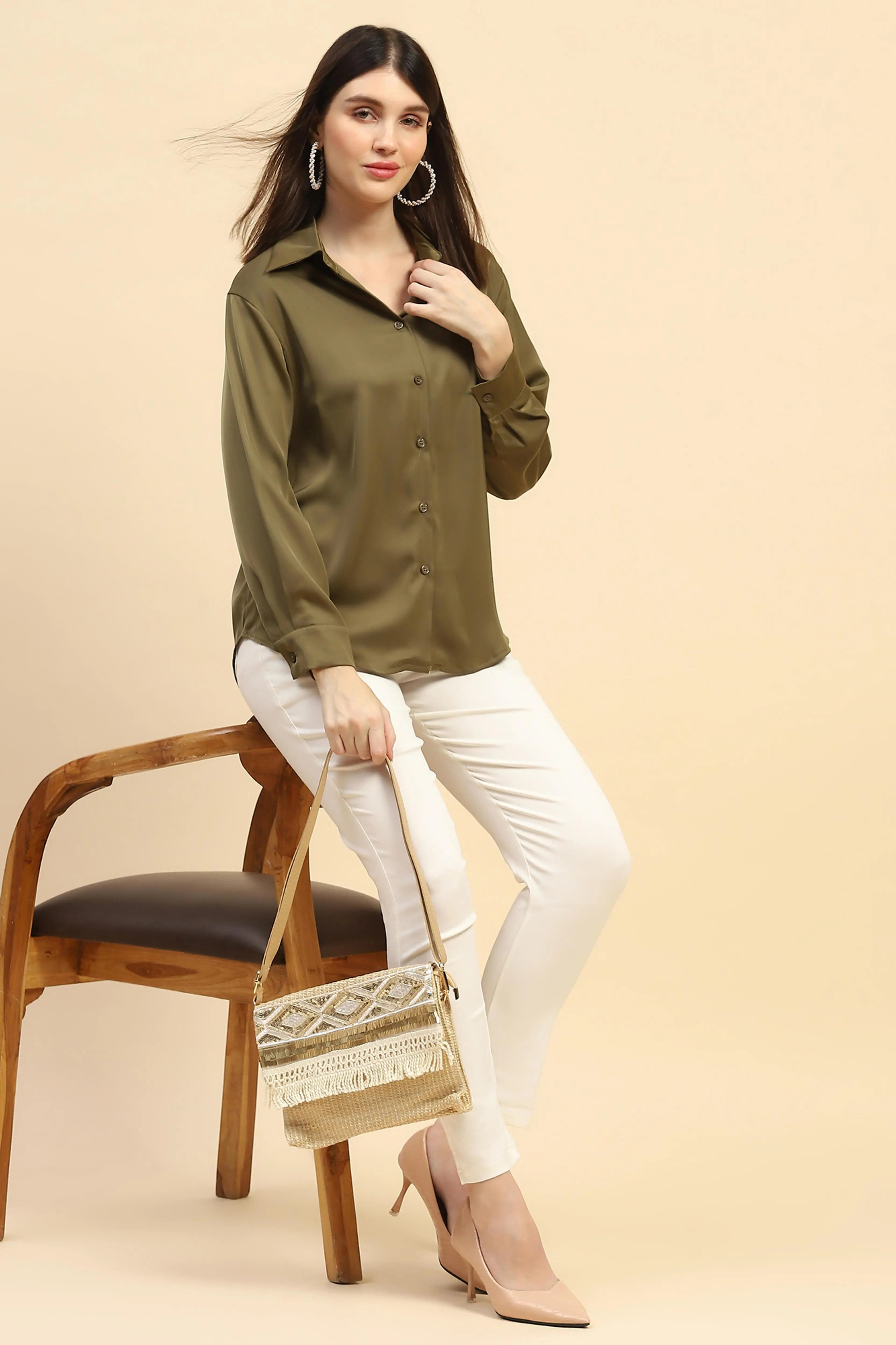 Olive Solid Satin Relaxed Fit Shirt - Global Republic