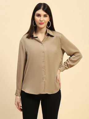 Brown Solid Satin Relaxed Fit Shirt