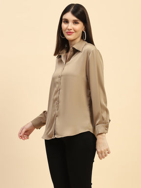 Brown Solid Satin Relaxed Fit Shirt