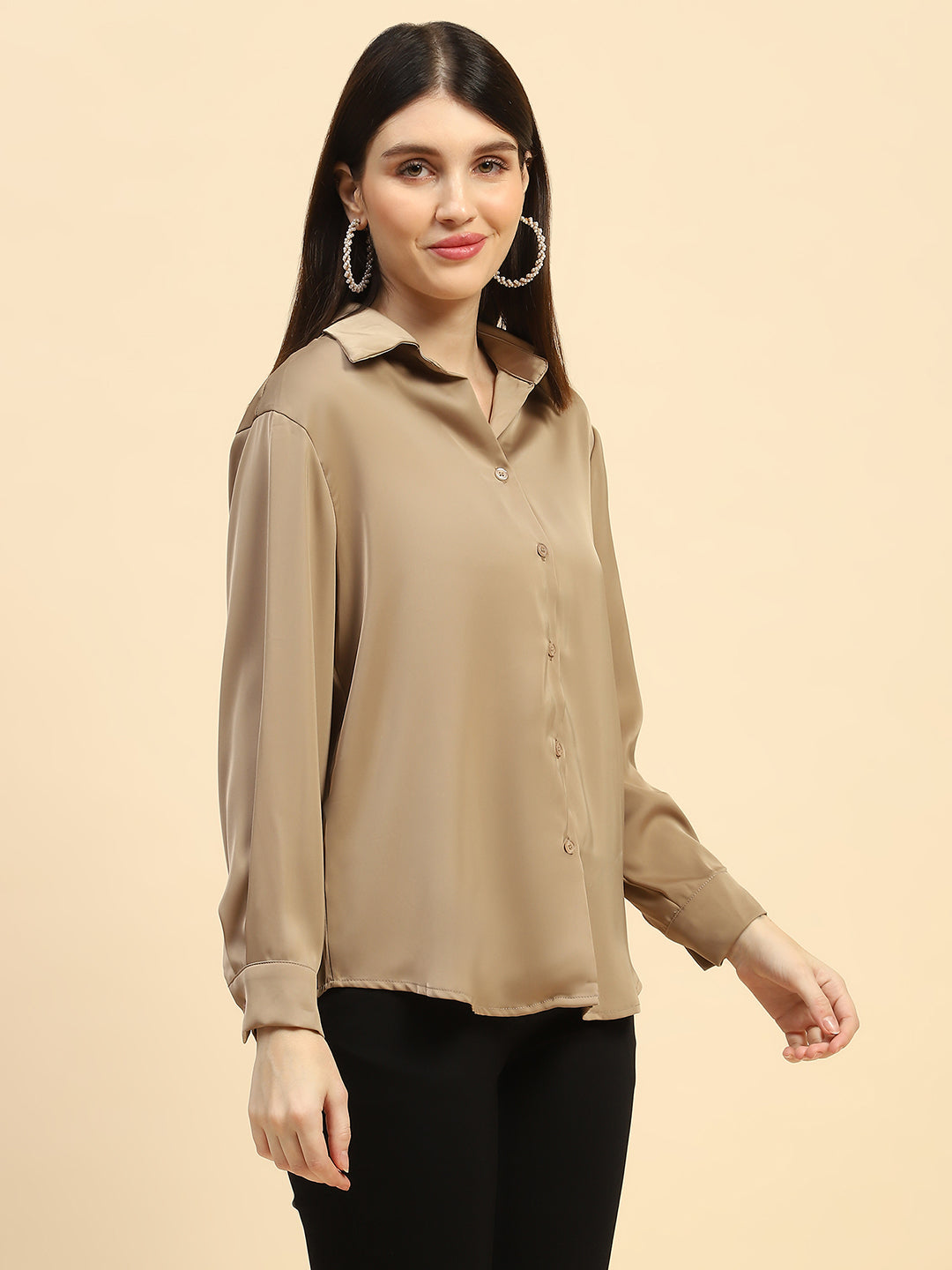 Brown Solid Satin Relaxed Fit Shirt