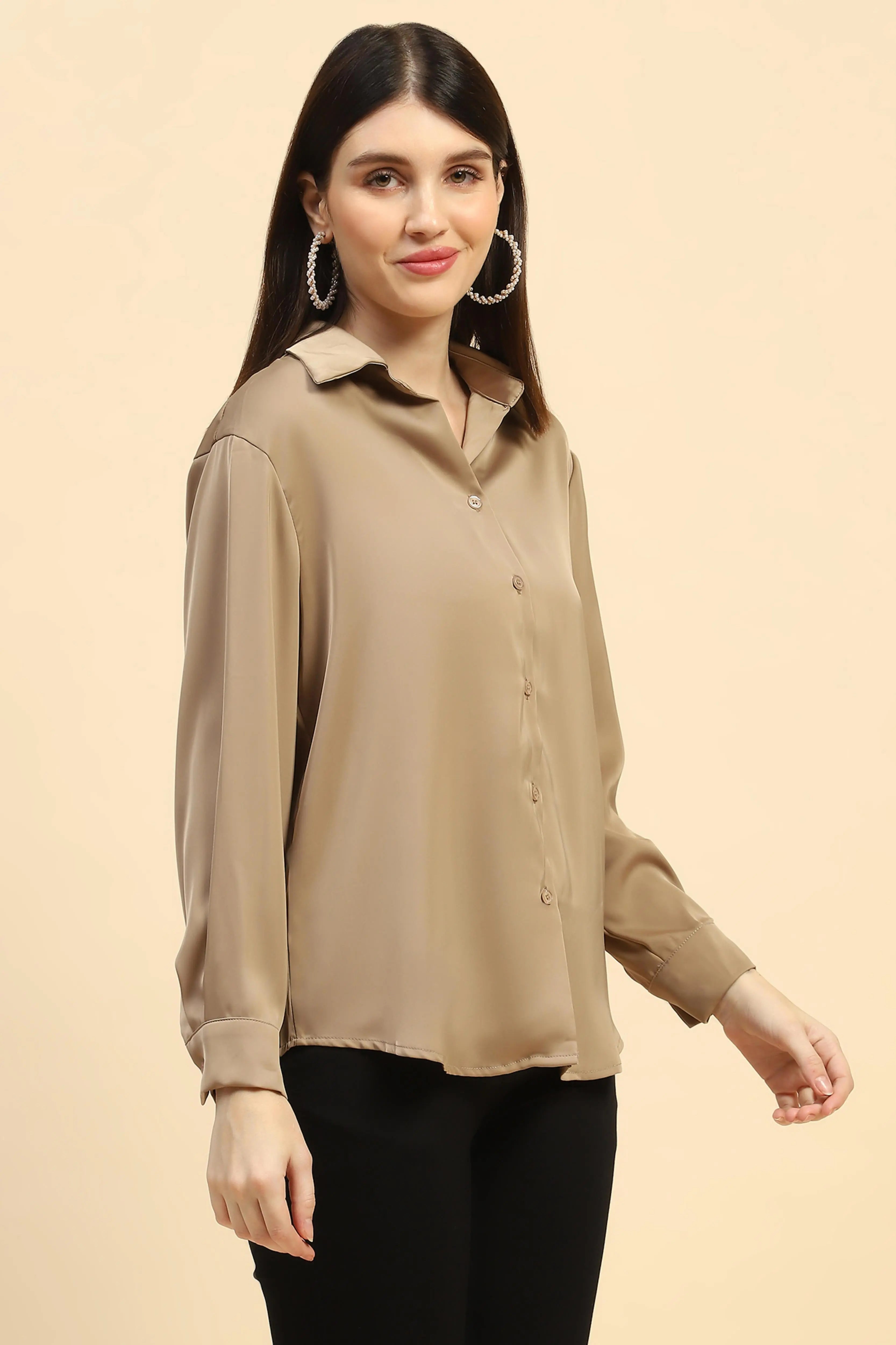 Champagne Solid Satin Relaxed Fit Shirt - Global Republic