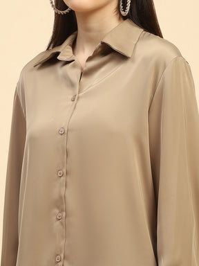 Brown Solid Satin Relaxed Fit Shirt