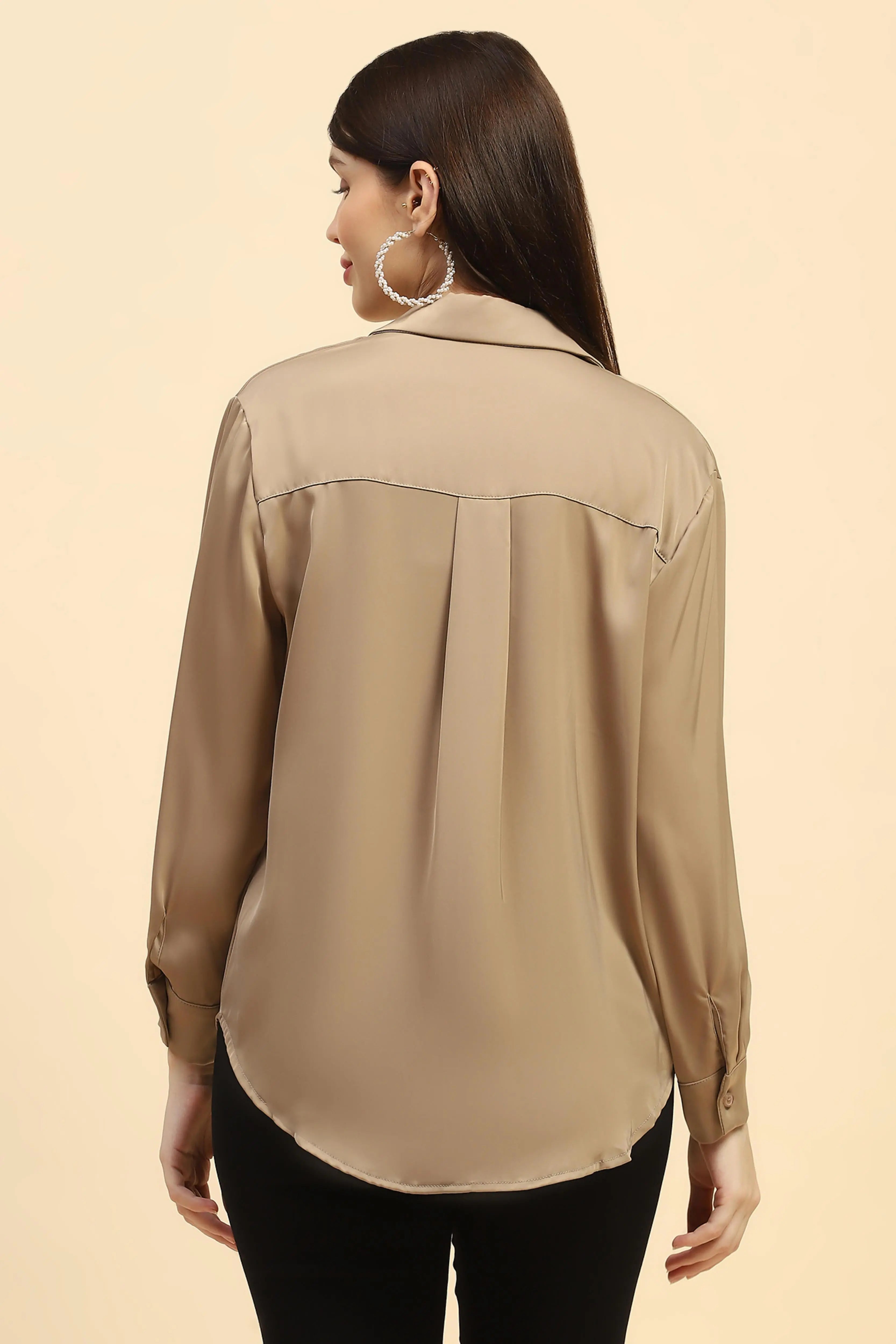 Champagne Solid Satin Relaxed Fit Shirt - Global Republic