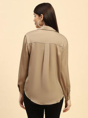 Brown Solid Satin Relaxed Fit Shirt