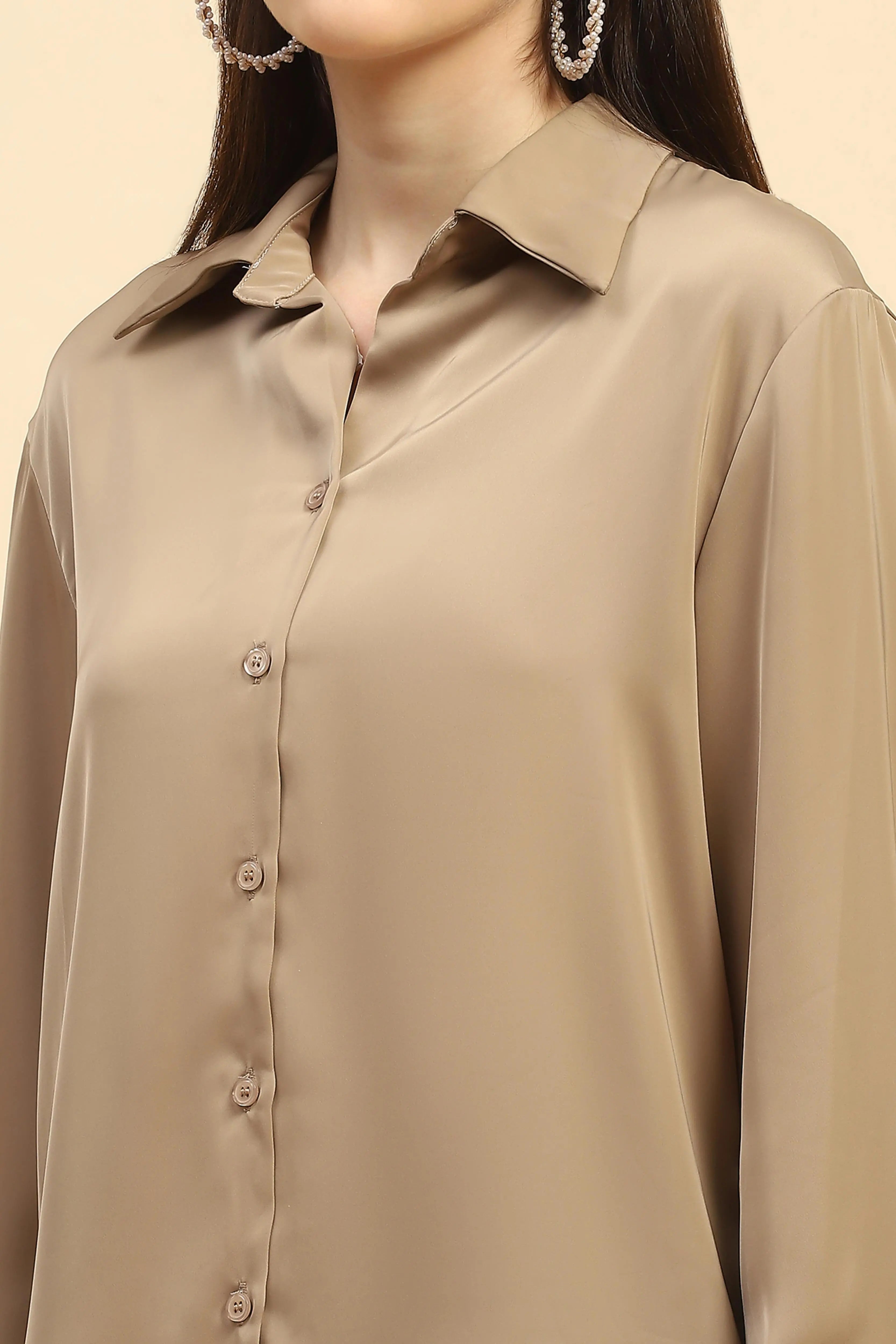 Champagne Solid Satin Relaxed Fit Shirt - Global Republic