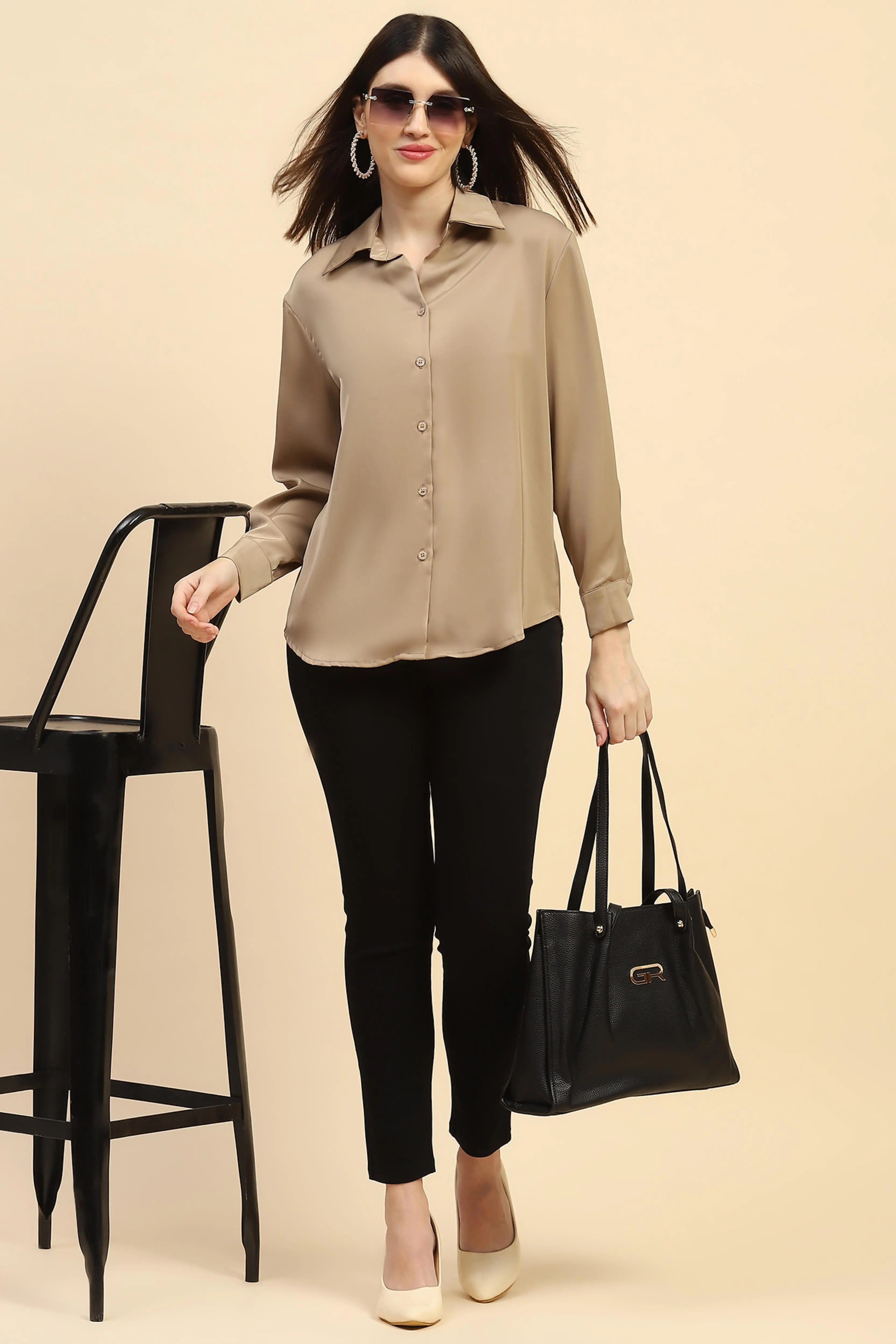 Champagne Solid Satin Relaxed Fit Shirt - Global Republic